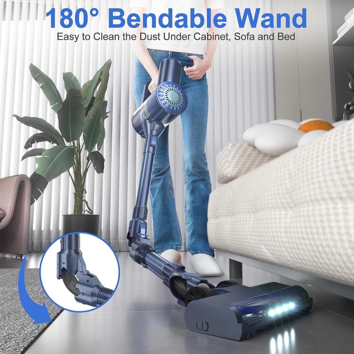 PRETTYCARELIFE Cordless Vacuum Cleaner, Lightweight Stick Vacuum Cleaner, 6 in 1, Self-Standing with Powerful Suction, 180° Bendable Wand Rechargeable Cordless Vacuum for Hardwood Floor (Blue)