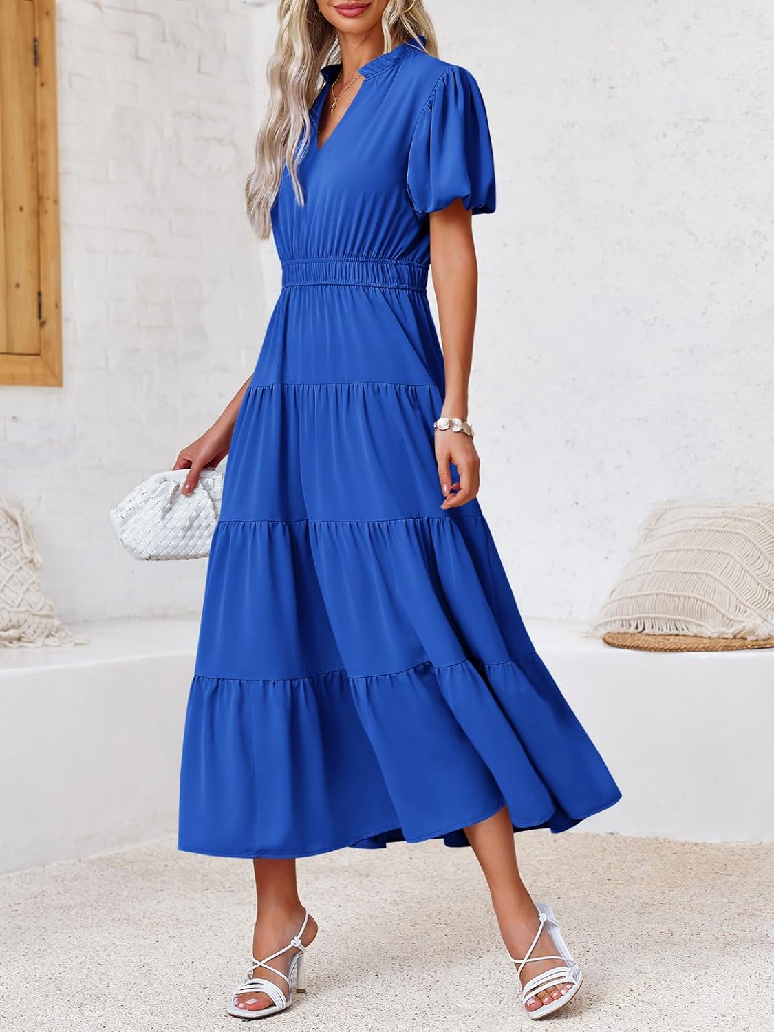 Wenrine Womens Summer Midi Dress Puff Short Sleeve V Neck Flowy Tiered Beach A-Line Dresses - Image 6