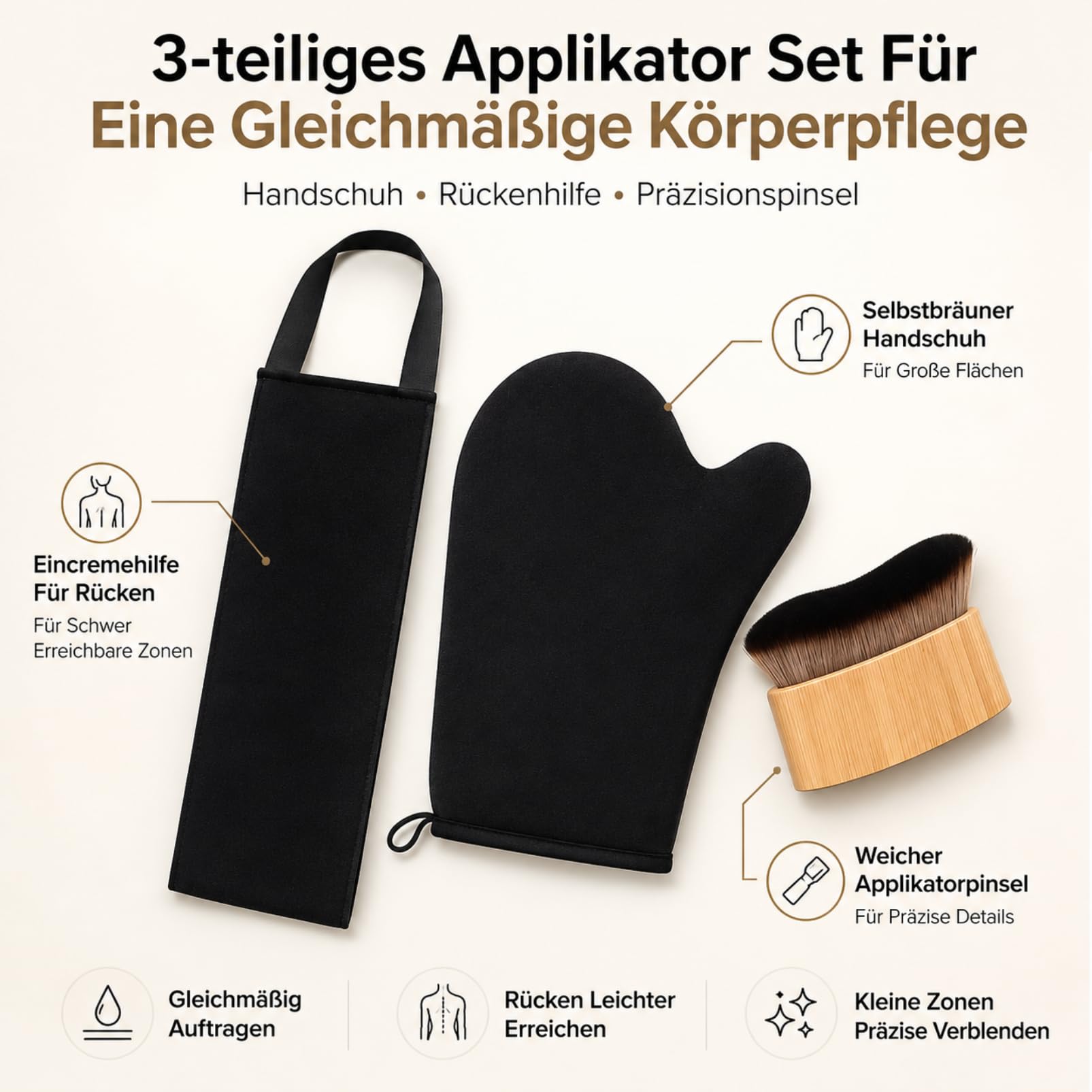 3 Stück Selbstbräuner Handschuh, Selbstbräuner Applikator Set mit Handschuh, Eincremehilfe für Rücken & Pinsel, Sonnencreme Applikator, Self Tan Handschuh für Lotion & Creme Kosmetik