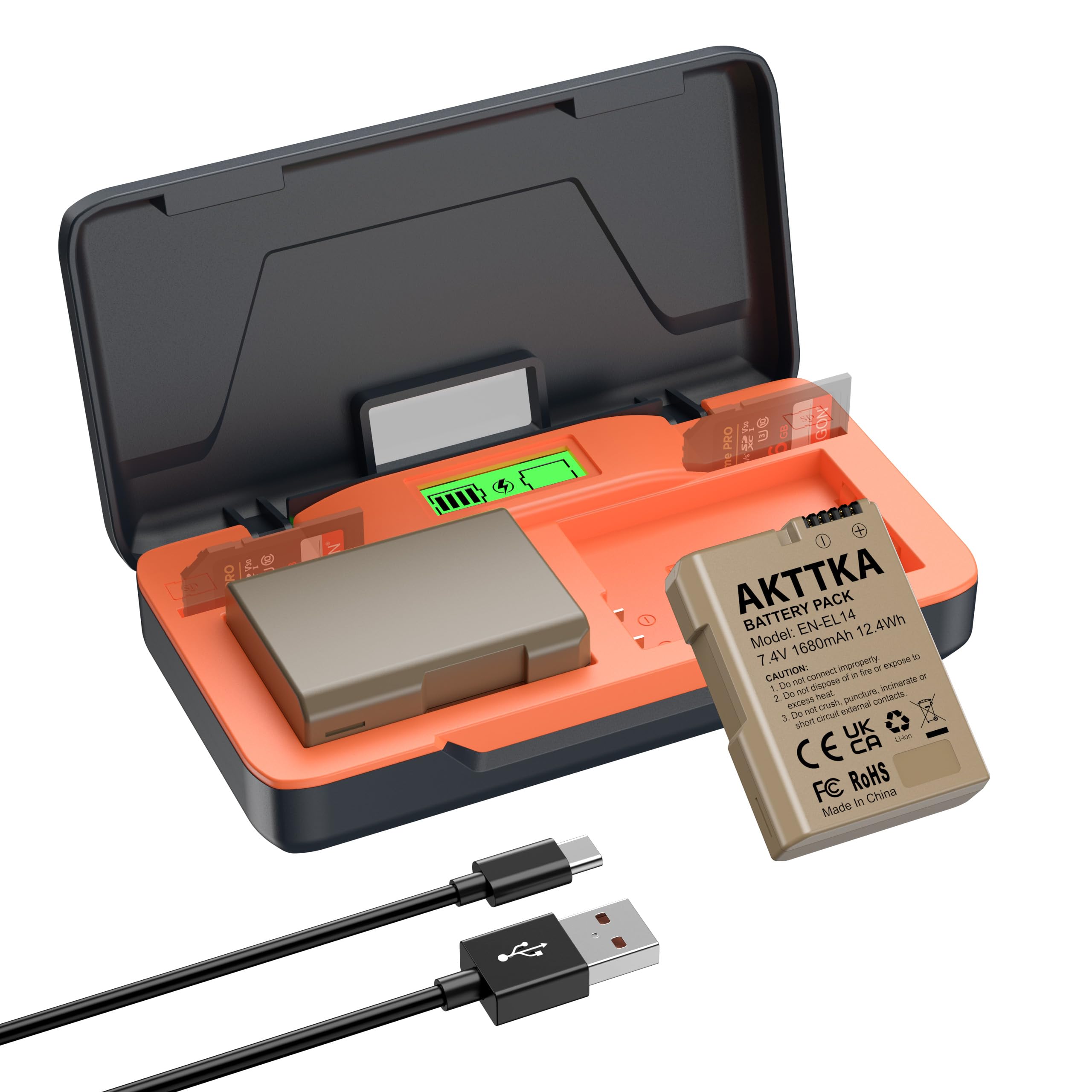 Batteria EN-EL14 per Fotocamera Nikon | Confezione 2X 1680mAh 7.4V con Caricatore Pieghevole 20W + Cavo USB-C | Compatibile con D3100/D3200/D5100