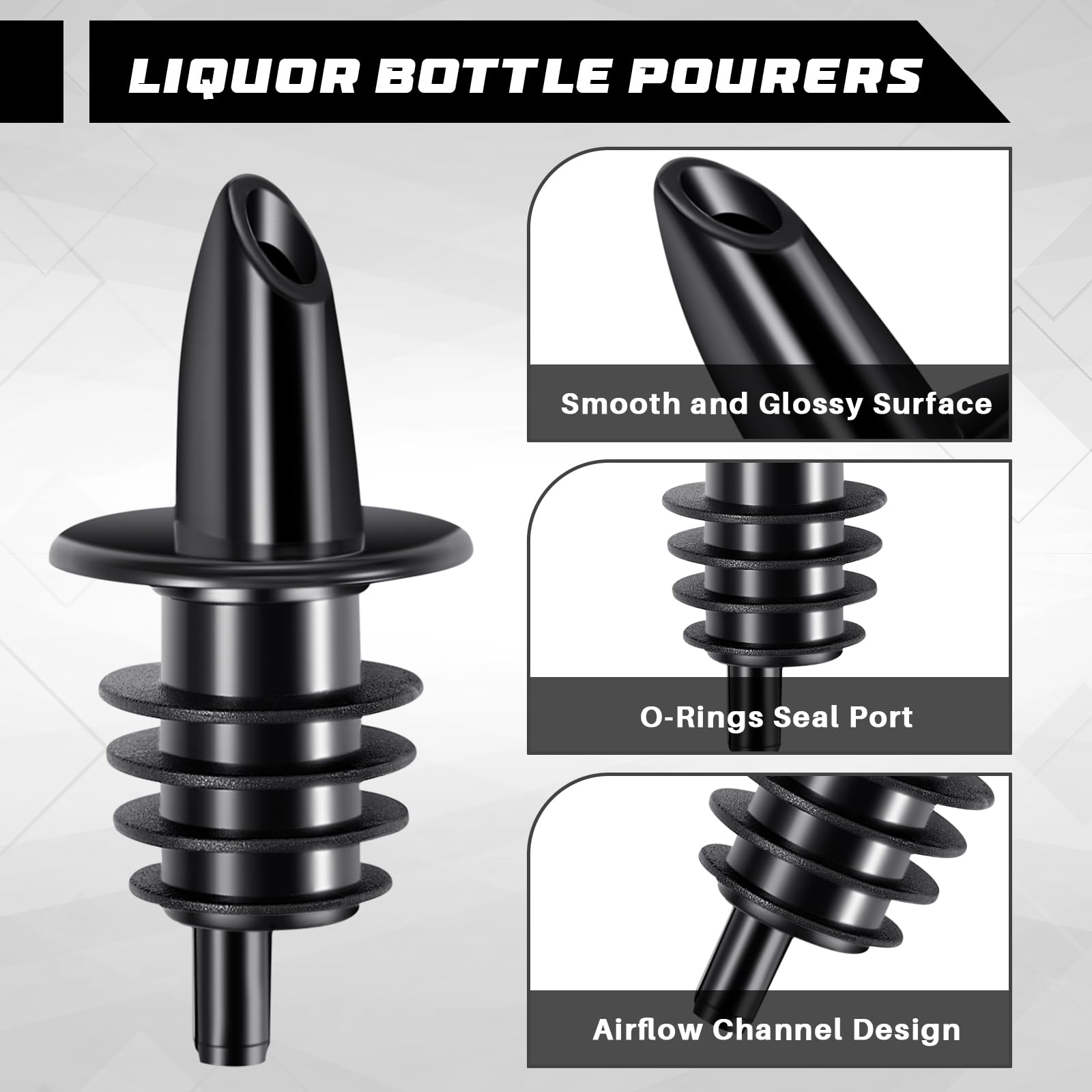 Maxcheck 200 piezas de botellas de licor vertedores de botellas de plástico para alcohol, boquillas negras clásicas para botellas para fluir jarabe, vino, aceite, alcohol, hielo, café, pubs, clubes