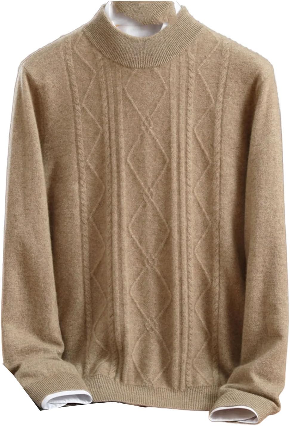 Men Wool Sweater Twist Flower Pullover Mock Neck Cashmere Knitwear Long Sleeve Coat