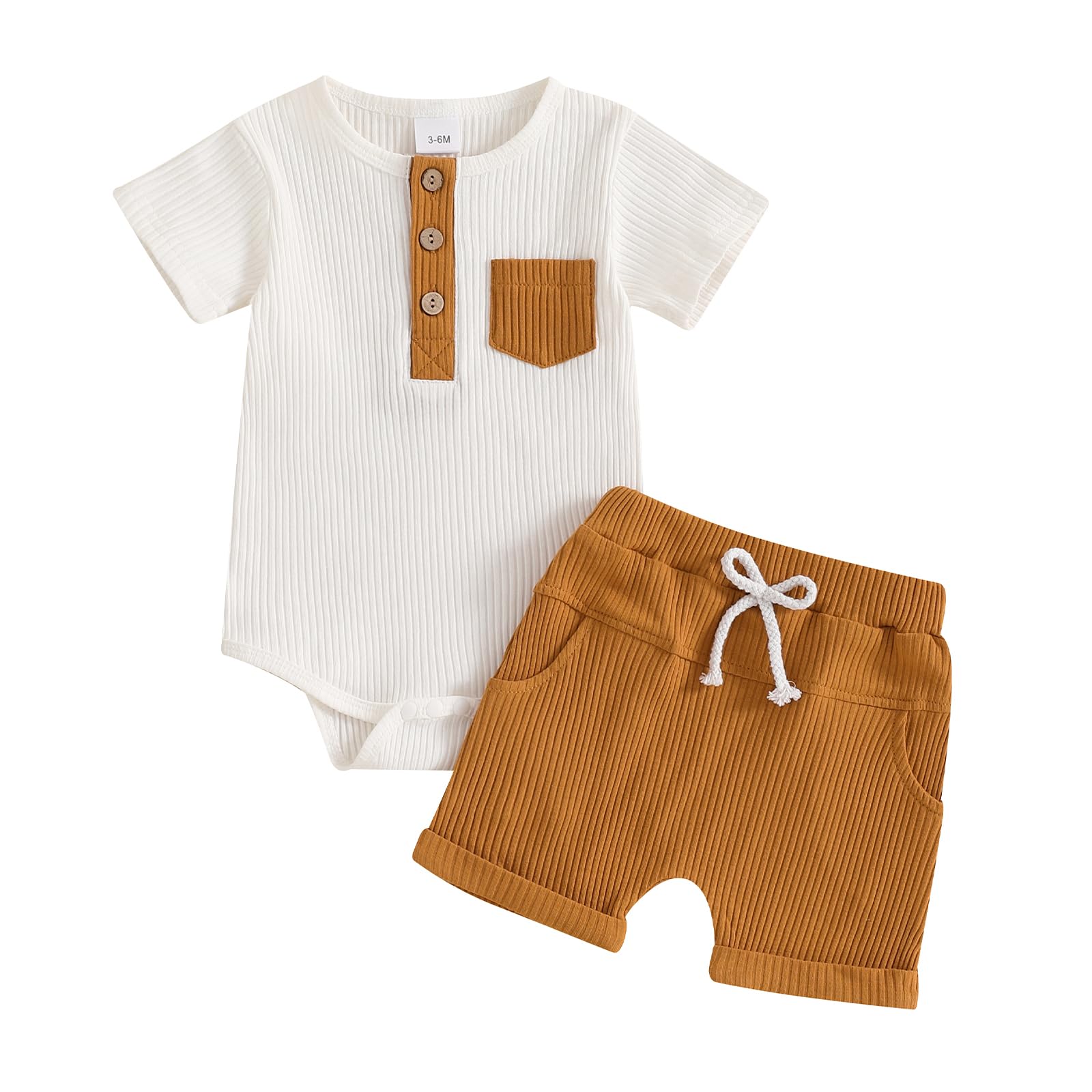 fhutpw Baby Boy Clothes Short Sleeve Romper & Shorts Sets Newborn 3 6 12 Months Summer Knitted Ribbed Splicing Color Outfits