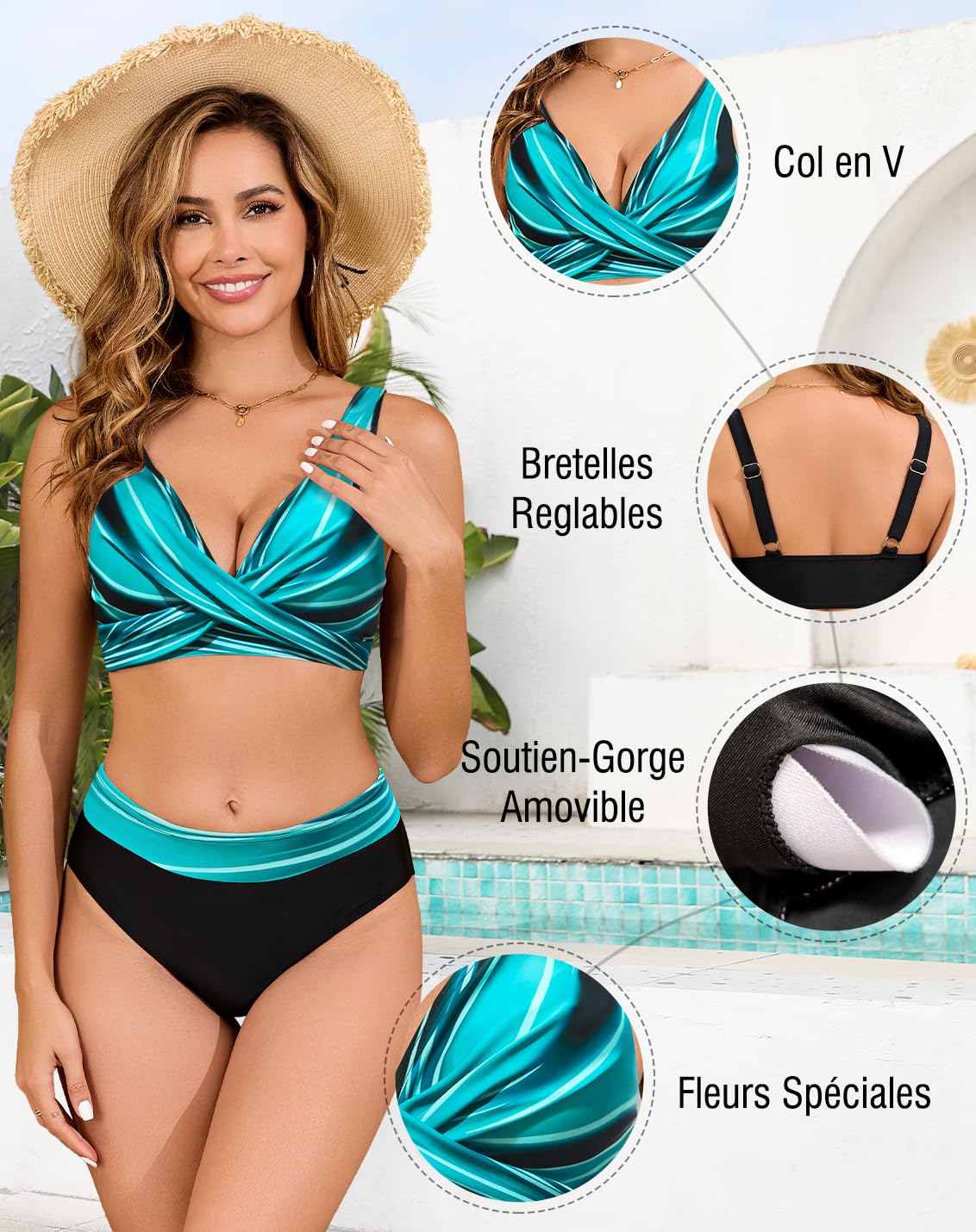 Maillots de Bain Femme 2 Pièces Push-up Taille Haute Ensembles Bikini Deux Pièces, Croisé sur Le Devant, Col V Bikini Set, Rembourré Beachwear Été