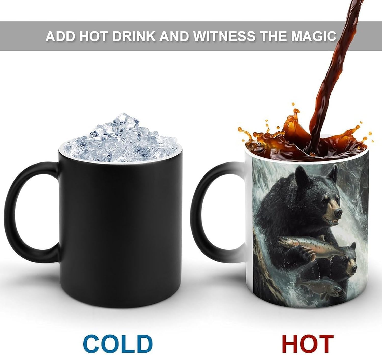 Black Bear Catching Salmons Fish Color Changing Mug Heated Ceramic Cup Heat Sensitive Coffee Mug Fun Gift