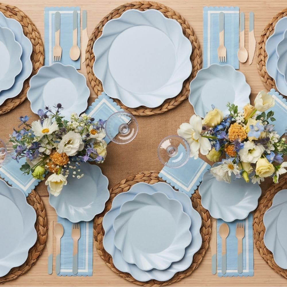 Eco-Friendly Compostable Party Plates - 24 Piece Set in 3 sizes. 8 XL Plates, 8 Dinner Plates, 8 Salad Plates-Made Of Bamboo Wood Fiber, and Sugarcane- Sturdy, Heavy Duty & Stunning-Sky Blue