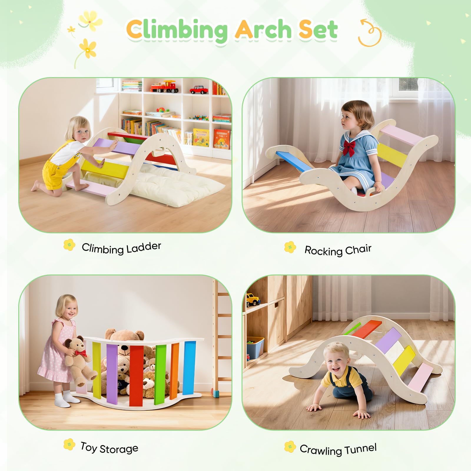 nmoiww Struttura da Arrampicata per Bambini 3 in 1, Scala da Arrampicata in Legno per Bambini con Cuscino Accogliente, Palestra da Gioco Montessori per Interni (Colorata-3 in 1)