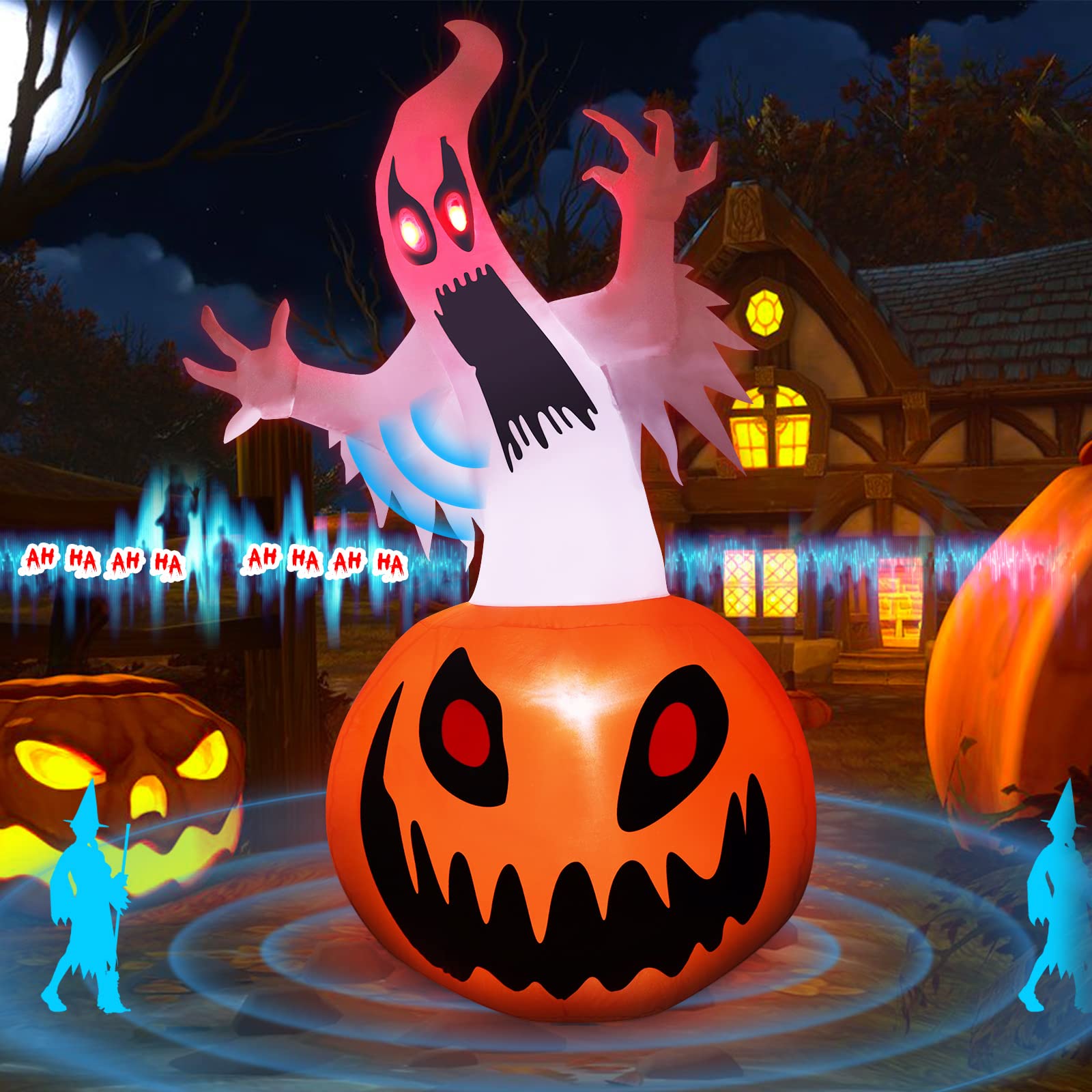 [Sounds & Human Body Induction] 5 Ft Halloween Inflatable White Ghost Pumpkin Decoration with Creepy Sounds LED Light for Blow up Halloween Yard Decor for Lawn Home Party Indoors Outdoors
