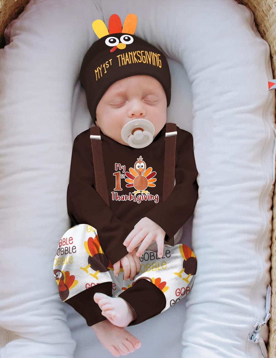 KANGKANG My First Thanksgiving Baby Boy Romper Outfit Newborn Boy Clothes Turkey Romper + Suspender Pants with Hat - Image 3