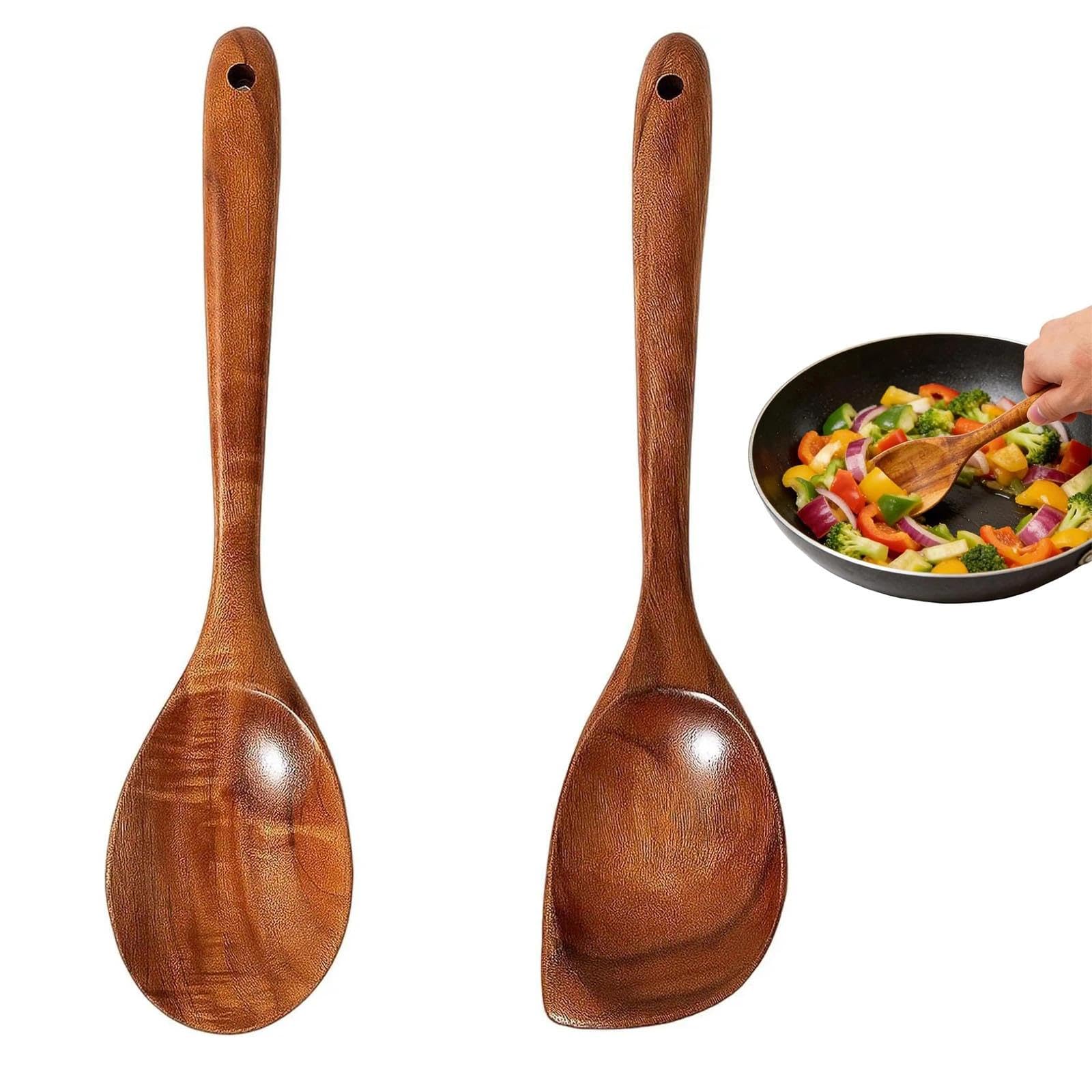 2 Pcs Wooden Spoons for Cooking, Wooden Utensil Set, Natural Teak Wood Corner Spoon and Round Spoon, Wood Non-Stick Spoons, Heat Resistant Woods Utensils, for Safe Stirring & Mixing