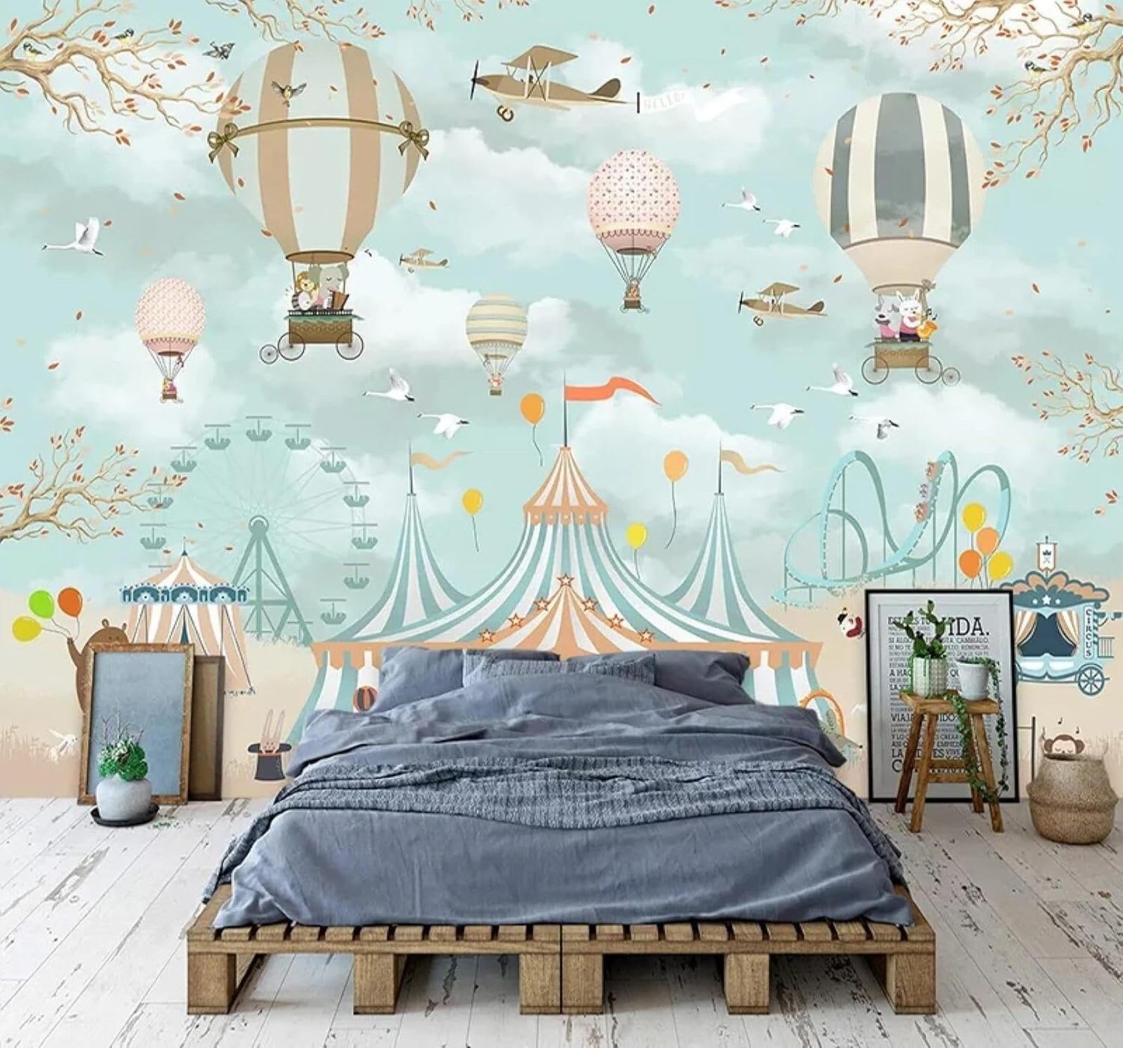 Tzxztt Romantic Cartoon Hot Air Balloon Sky Scenery Modern 3D Wallpaper Premium Textured Silk Neutral Tones Material Ideal for Living Room Bedroom-350cm×256cm