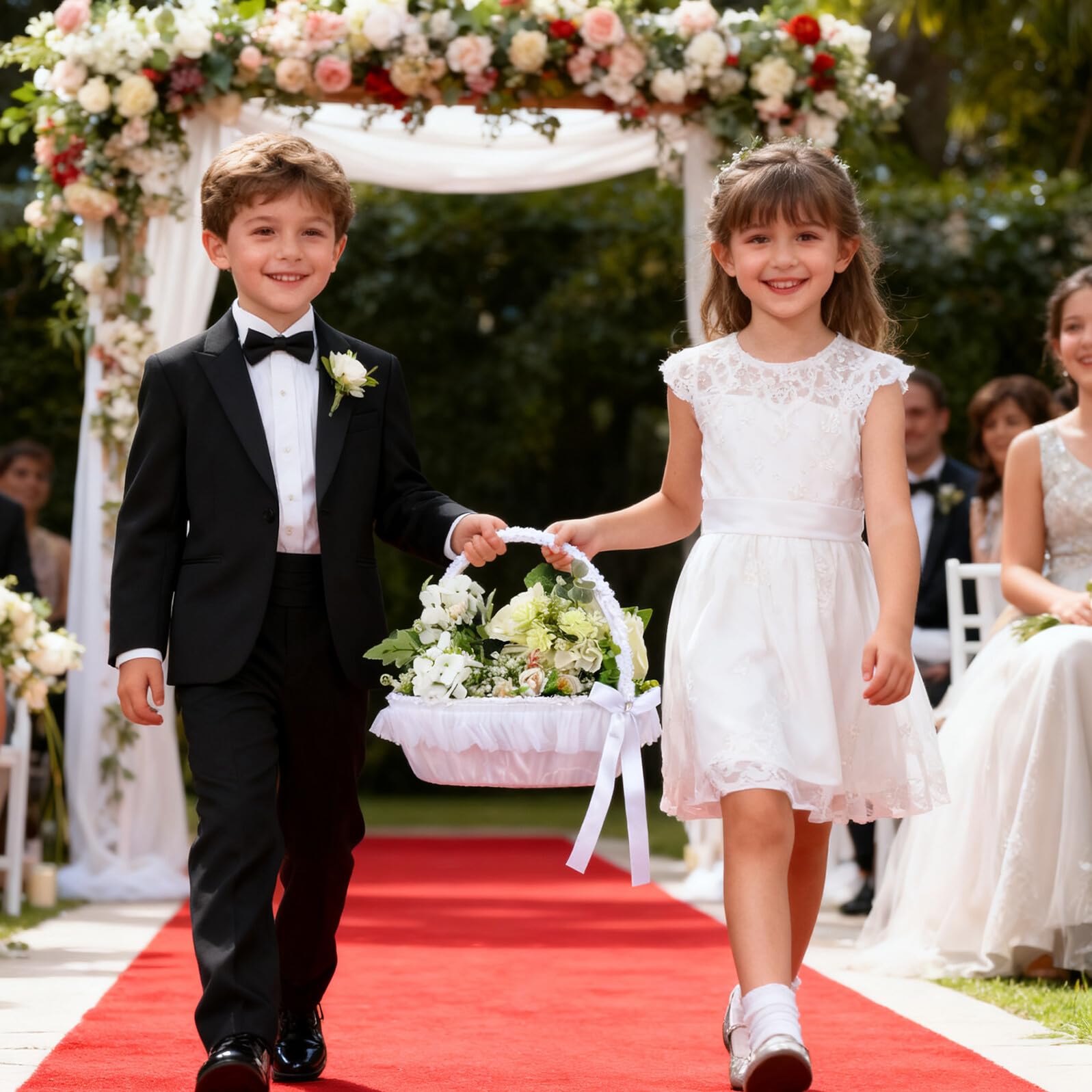 Hochzeitsblumenkorb aus Spitze Weißer Blumenmädchenkörbchen mit Polyester Handlicher Korb für Rosenblätter und Süßigkeiten bei Hochzeiten