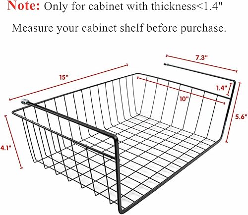 Vista 2 de Tebery Paquete de 2 cestas de alambre negras para debajo del estante, cestas de almacenamiento colgantes debajo del gabinete, estantes