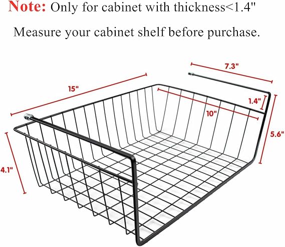 Tebery 2 Pack Black Under Shelf Wire Basket, Hanging Storage Baskets Under Cabinet Add-on Storage Racks, Slide-in Baskets Organizer for Kitchen Pantry Desk Bookshelf