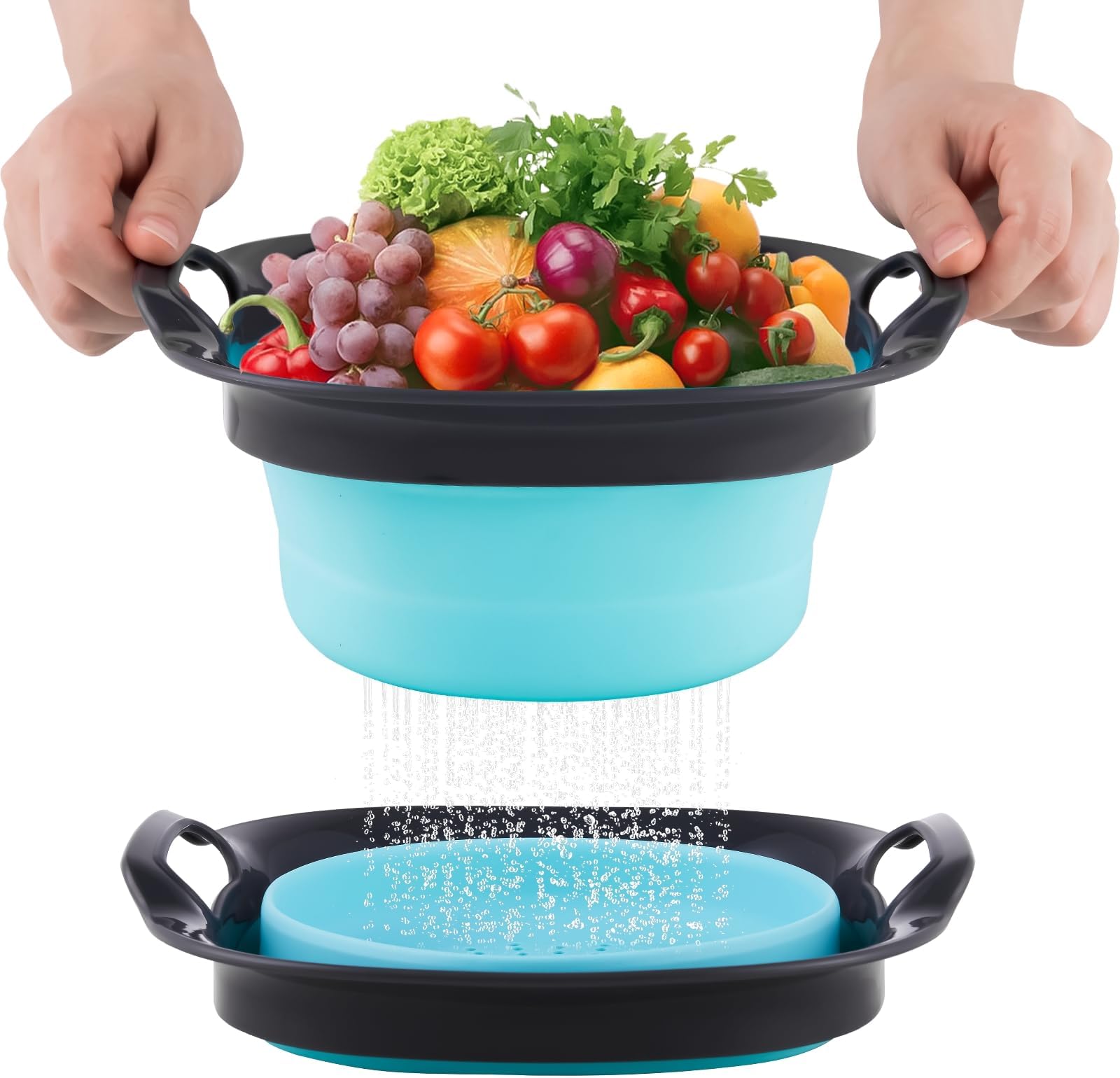 Collapsible Colander Set - Blue Silicone Small and Large Strainer with Handle for Food, Fruits, and Vegetables - BPA Free - Perfect for Kitchen and Camping (2 Pack)