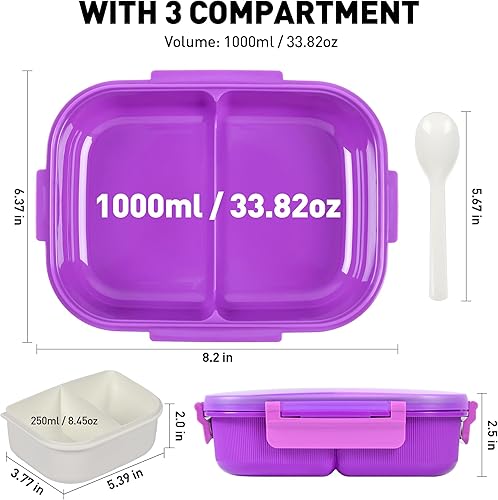 Miniatura 3 de Lonchera Bento con compartimentos extraíbles para adultos y niños, lonchera a prueba de fugas de 33.8 fl oz con utensilios, sin BPA, apta para