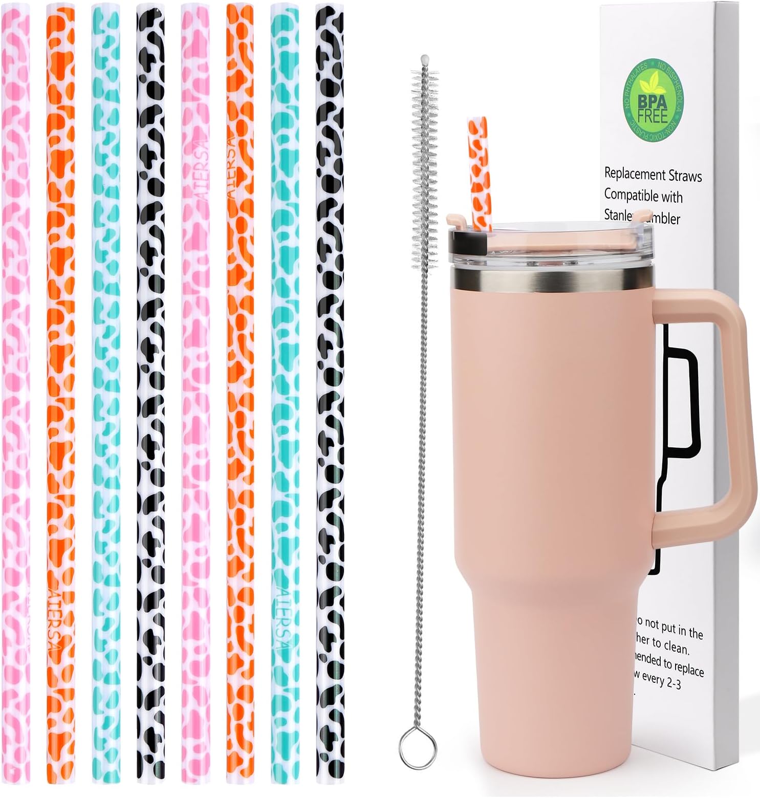 AIERSA 8 Pack Leopard Straw Replacement 40oz for Stanley,Plastic Reusable Straw for Stanley Adventure Quencher Travel Tumbler,Long Straws with Cleaning Brush for Stanley Cup Accessories
