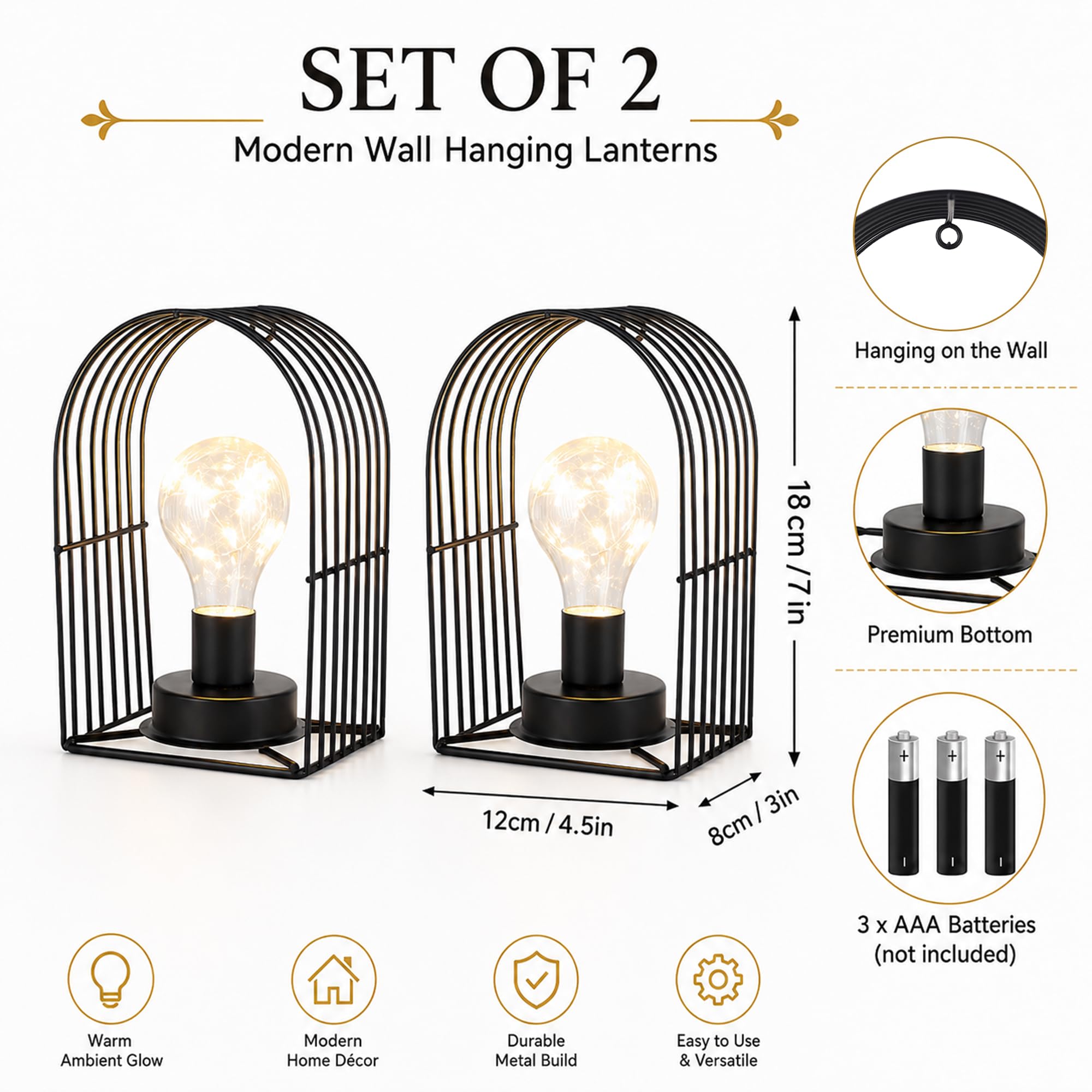 JHY DESIGN Jedyny w swoim rodzaju bezprzewodowy kinkiet ścienny, zestaw 2 metalowych lamp do sypialni, salonu, korytarza z 6-godzinnym timerem i ciepłą bielą żarówką