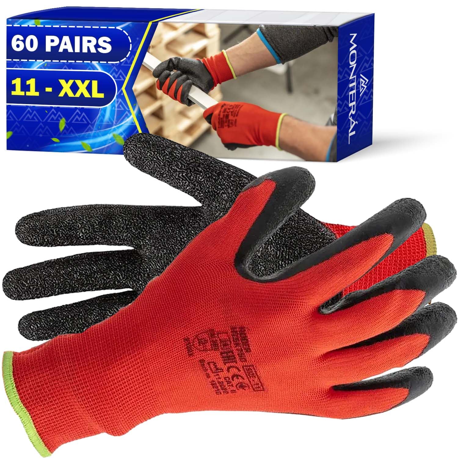 MONTERAL 60 Pares Guantes de Trabajo Talla 11 XXL Protección Cat II Recubiertos de Látex Anti-Slip - Guantes Trabajo Hombre y Mujer Pueden Usarse para Obra Taller Mecanico Jardineria Montaje