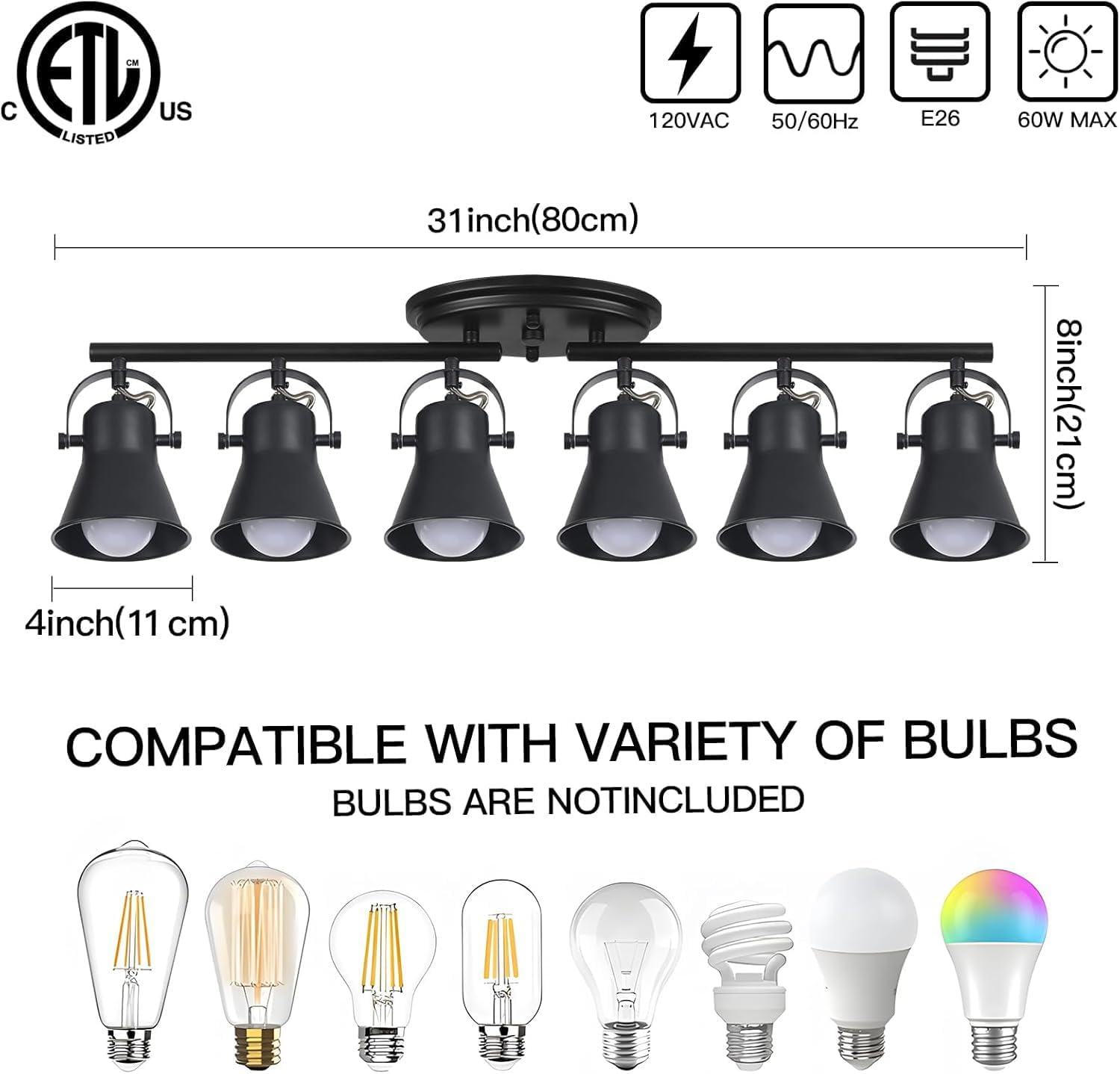 KEESFU 6-Light Track Lighting Kit,Black Semi Flush Mount Ceiling Light with 6 Rotatable Light Heads,Modern Accent Lighting for Livingroom,Bedroom,Hallway,Art Wall,Bathroom,Kitchen.(6-Light)