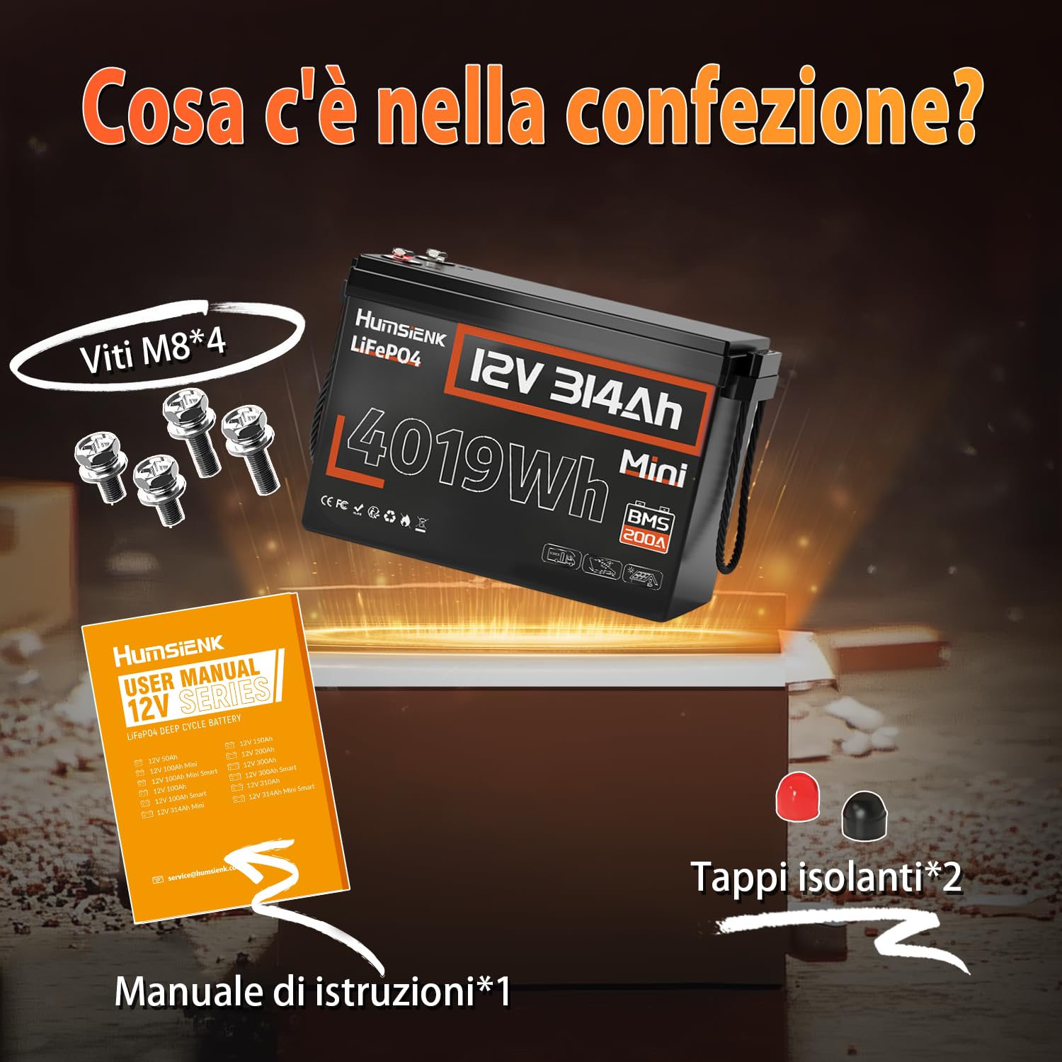 Humsienk Batteria LiFePO4 12V 314Ah Mini, 4019Wh batteria litio 300ah(314Ah) con BMS 200A, Protezione Bassa Temperatura, 15000 ciclo profondo, Ideale per camper, energia solare e barche