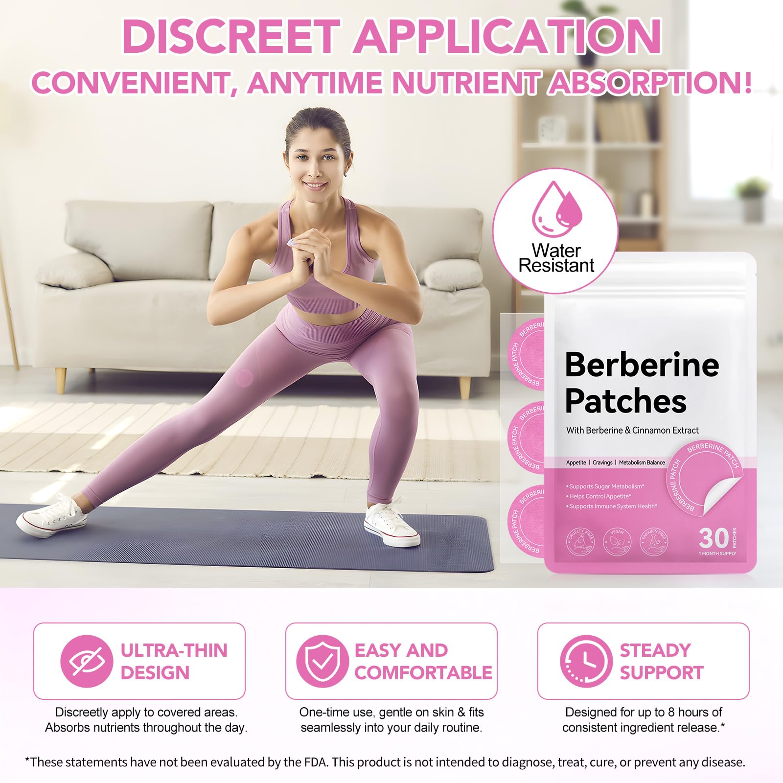Cerotti alla berberina per donne e uomini, con cannella, melograno, supporto formula a lunga durata di 8 ore, applicato a varie parti del corpo, 30 cerotti