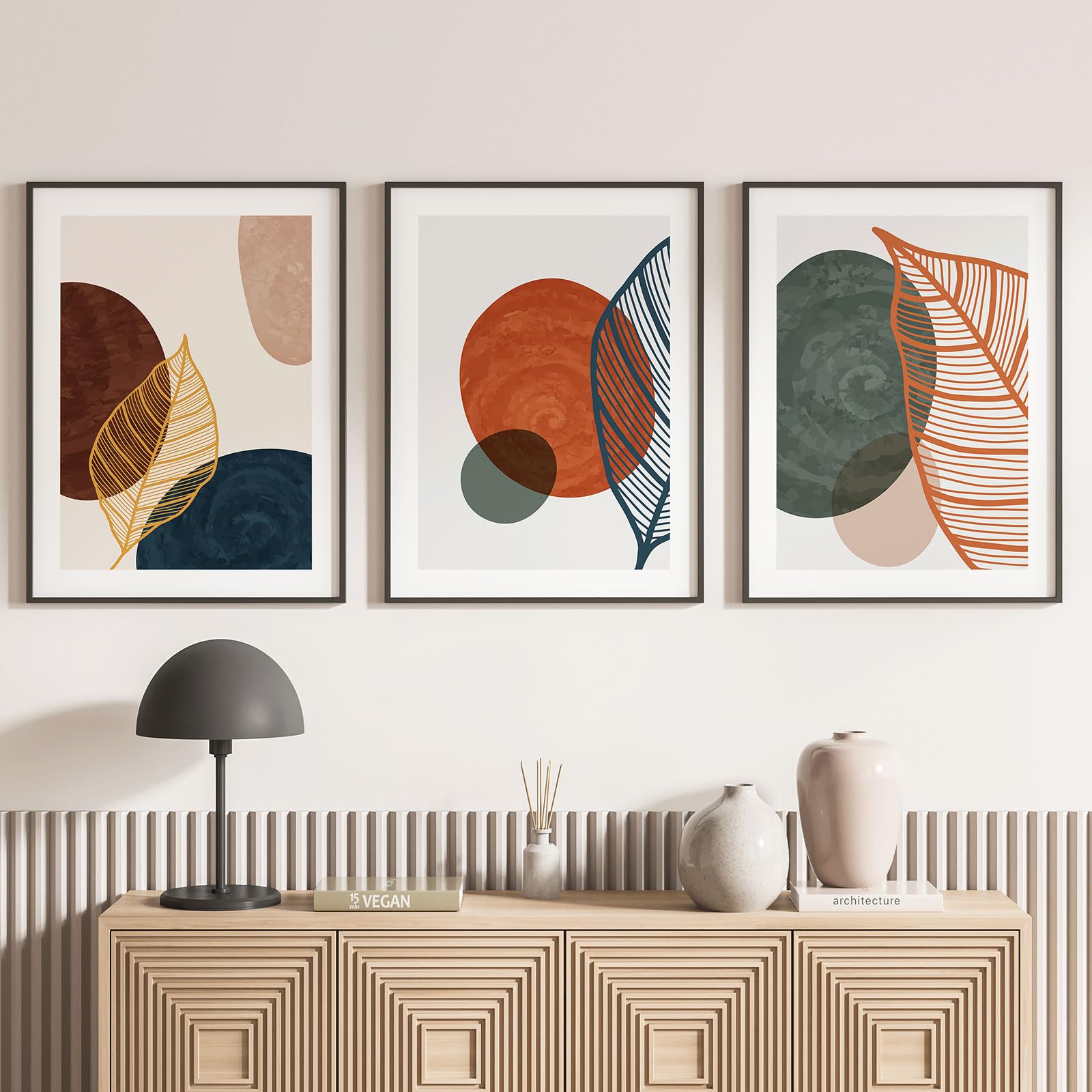 Set di 3 poster/poster trittico – Fogli Boho – Bordo nero – 3 poster – 70 x 100 cm (cornici non incluse)