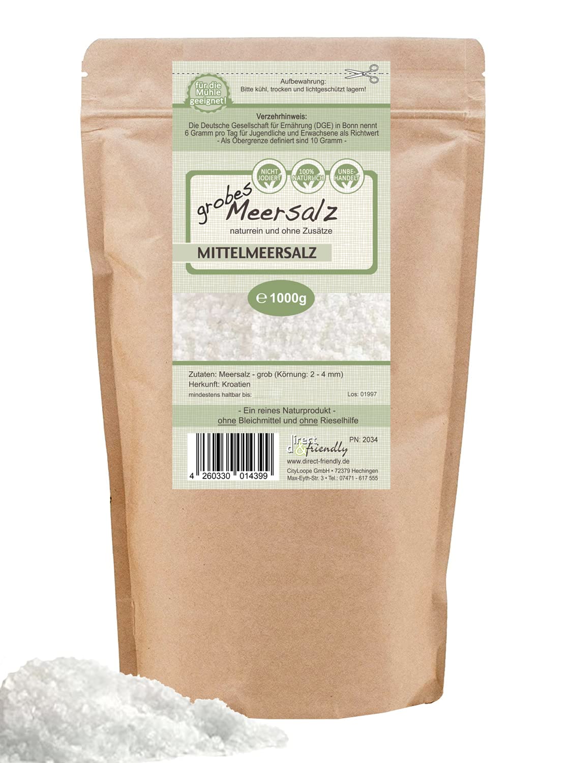 direct&friendly | grobes Meersalz aus Kroatien | Bio | 1kg | für die Salzmühle geeignet