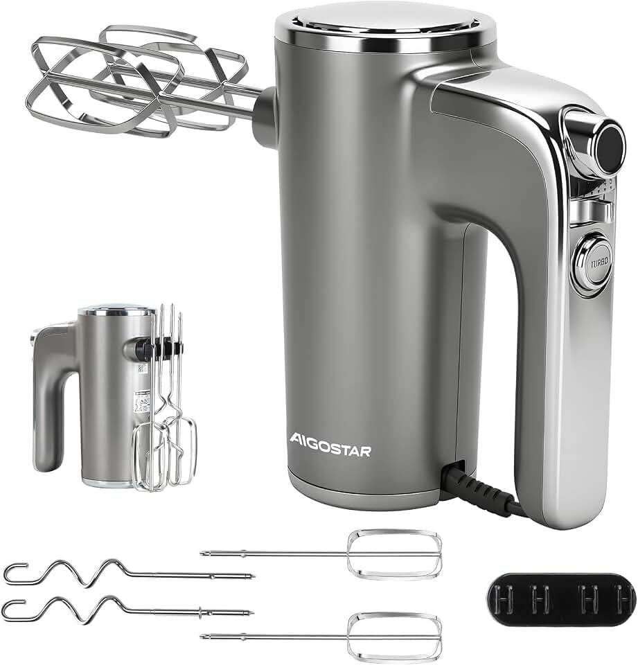 Aigostar Batidora de Varillas 400 W con 5 Velocidades y Función Turbo, 2 Varillas y 2 Ganchos, Batidora Amasadora Reposteria de acero inoxidable, Soporte de Almacenamiento. Adela