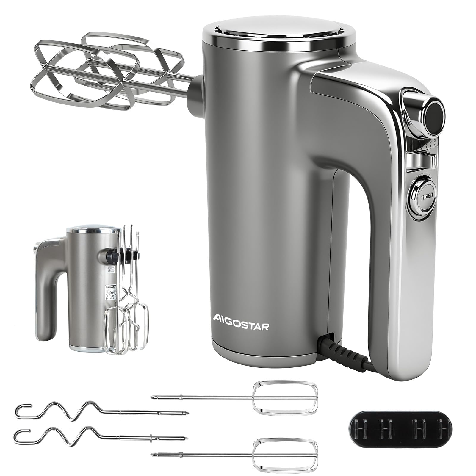 Aigostar Adela 400 W Stand Mixer with 5 Speeds and Turbo Function, 2 Rods and 2 Hooks, Stainless Steel Pastry Mixer with Storage Stand