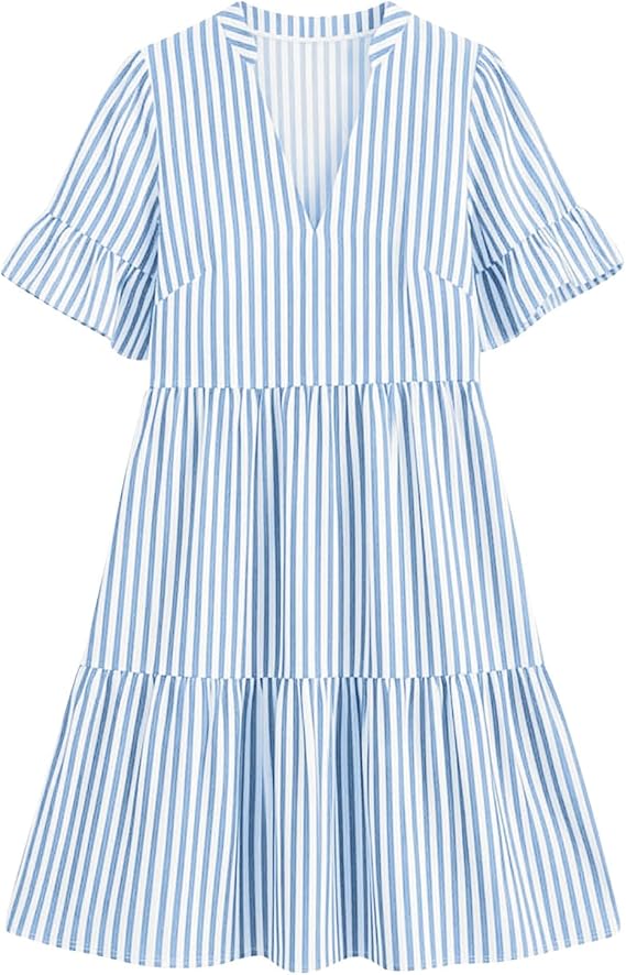 Dresses for Women with Pocket Summer 2026 Striped V Neck Ruffle Sleeve Dress A Line Tiered Casual Beach Dress