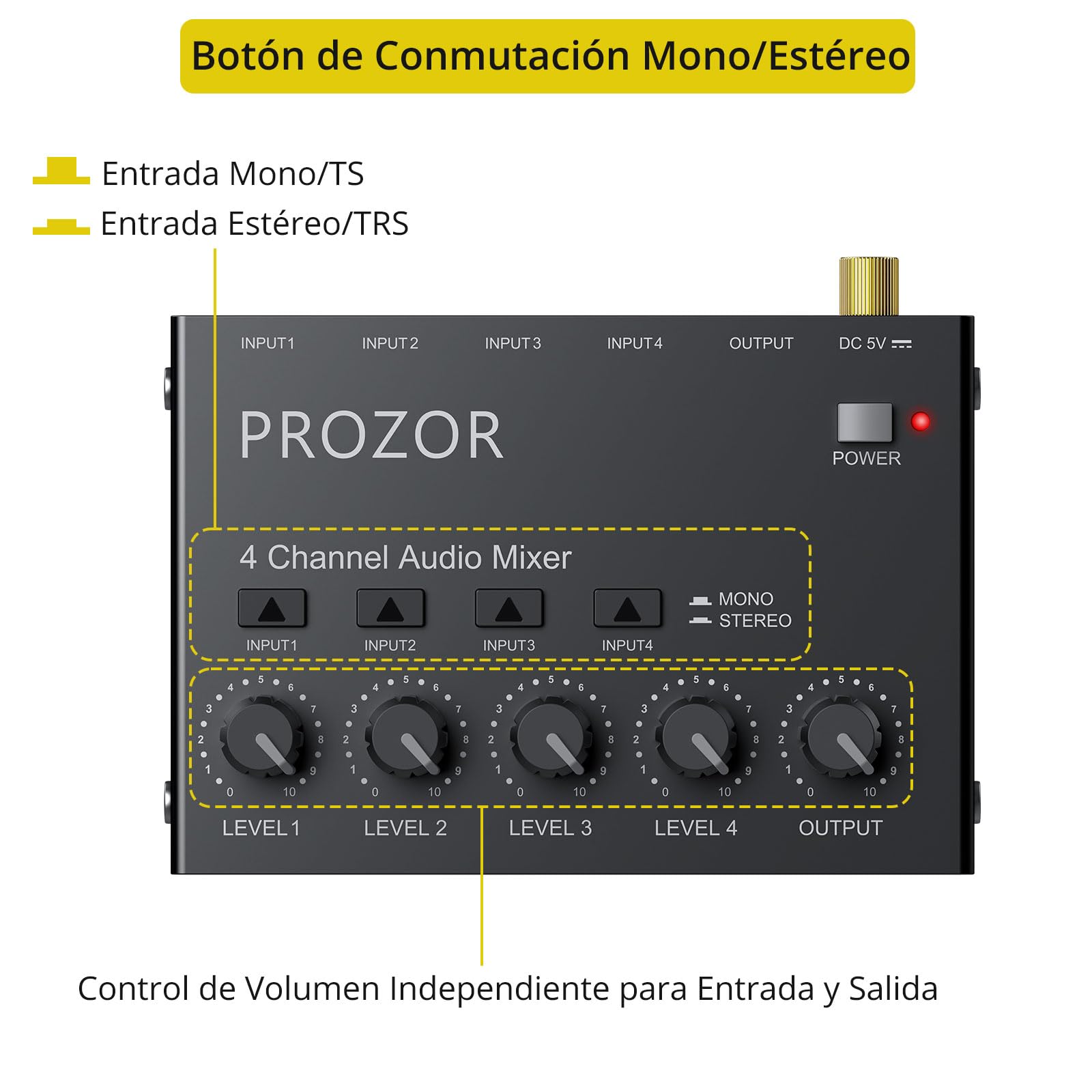 PROZOR Mezclador Audio 4 Canales Compacto USB-C - Control Volumen Independiente, 4 Entradas/Salidas 6,35mm, Interruptor Estéreo Mono, Bajo Ruido para Micrófono Guitarra Bajo DJ Streaming Grabación