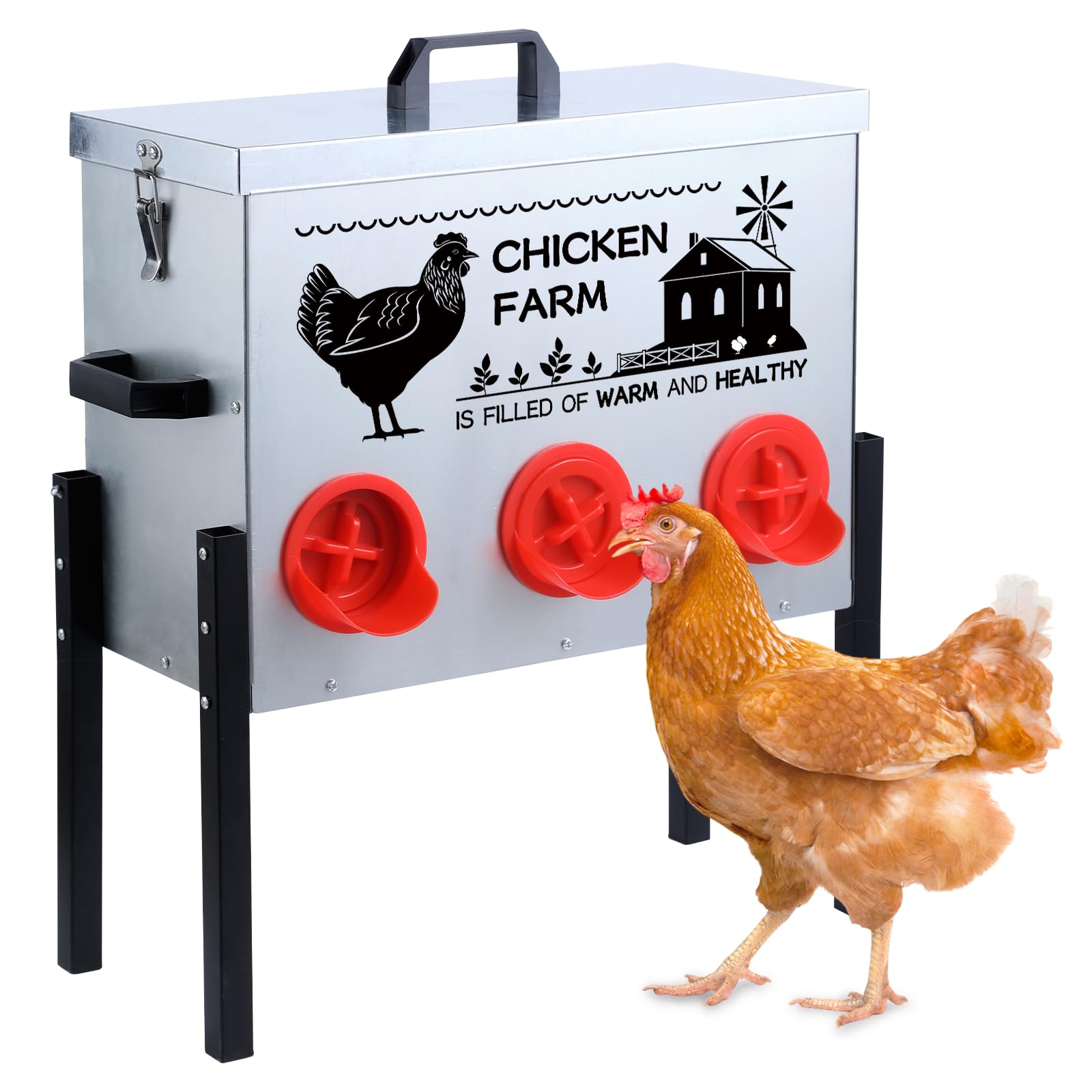 Automatic Chicken Feeder Box 30 lbs, 6 Feeding Ports, No Waste Poultry Feeder with Locking Lid and Adjustable Legs for Chickens, Ducks, Geese
