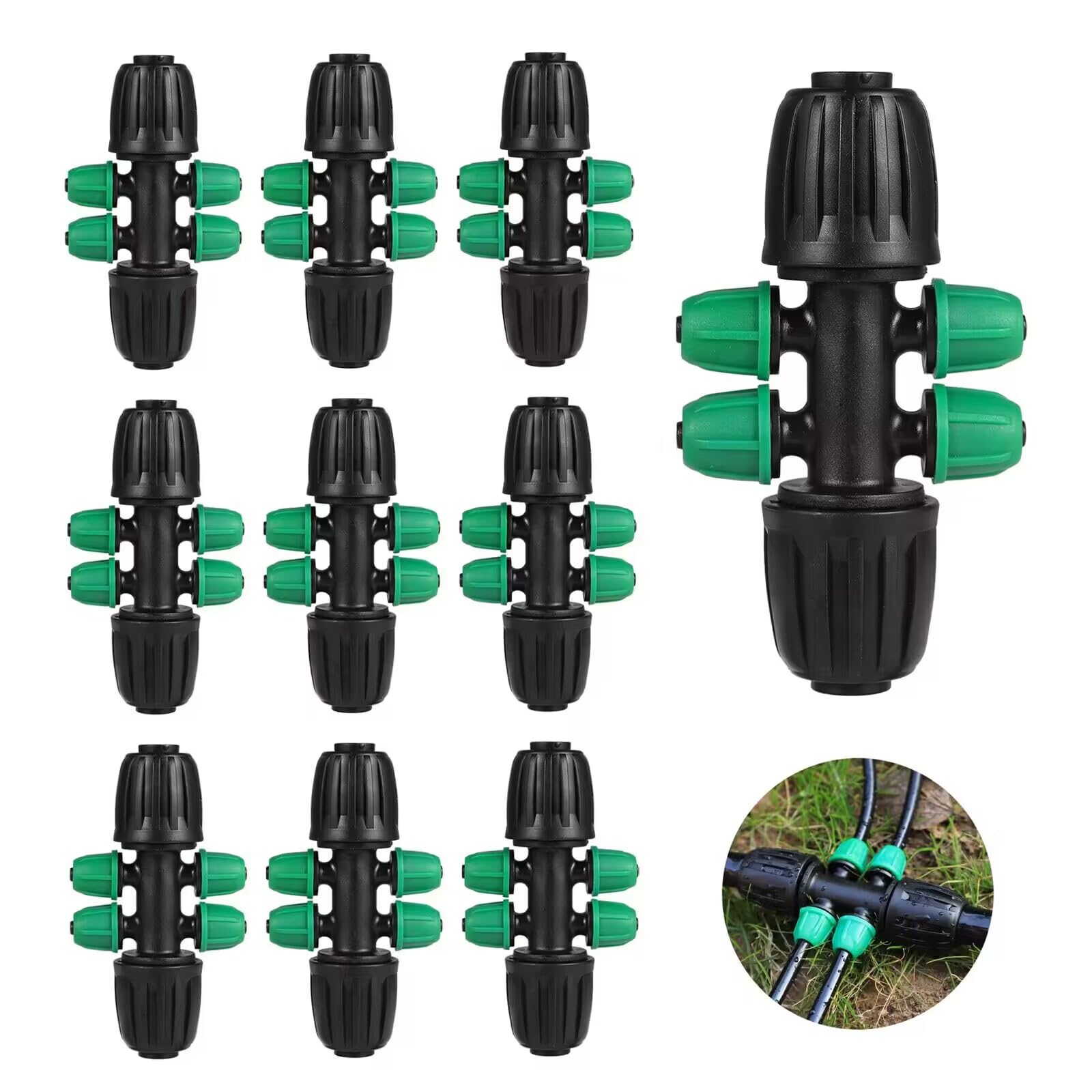 12Pcs 1/2" Tubing to 1/4" Lock Tee Six-Way Tubing Irrigation Fitting