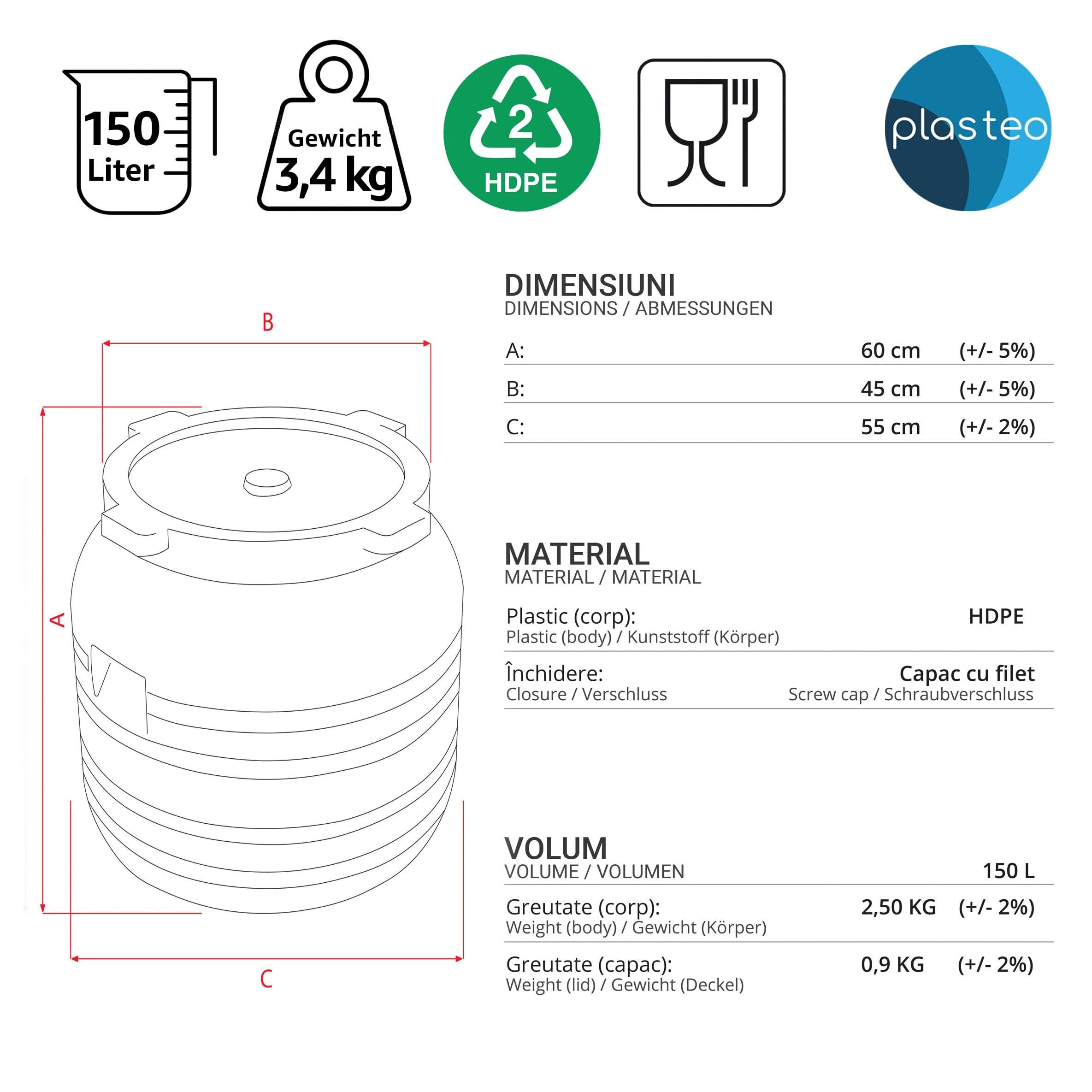 plasteo® Fût à col large de 150 litres avec couvercle à visser - En plastique universel - Convient à un usage alimentaire - Avec poignées stables - Bleu