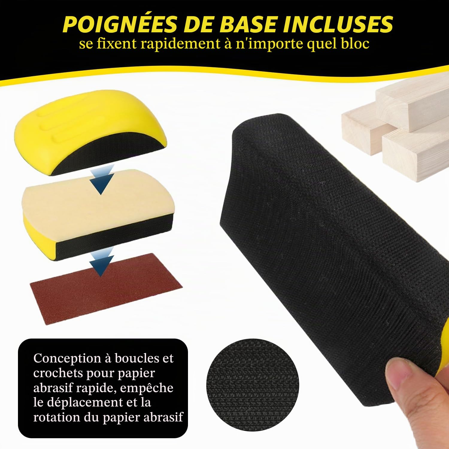 5 Pièces 6 Pouces Cale a Poncer, Mousse PU + Plastique, Poignée Ergonomique, pour le Polissage du Bois et le Ponçage Fin, Convient pour le Bois, le Carrelage, le Métal, le Verre (Jaune)