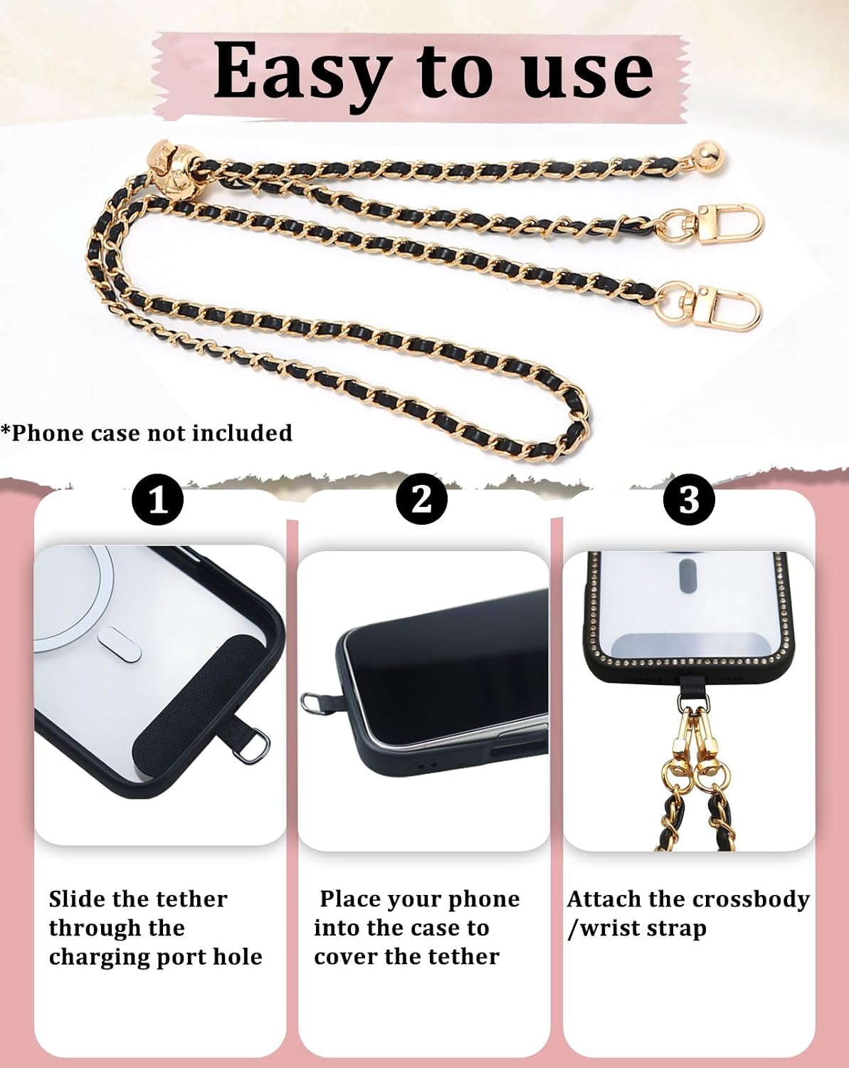 Universal Crossbody Phone Strap,Metal Cell Phone Chain Leather Anti-Theft Crossbody Lanyard