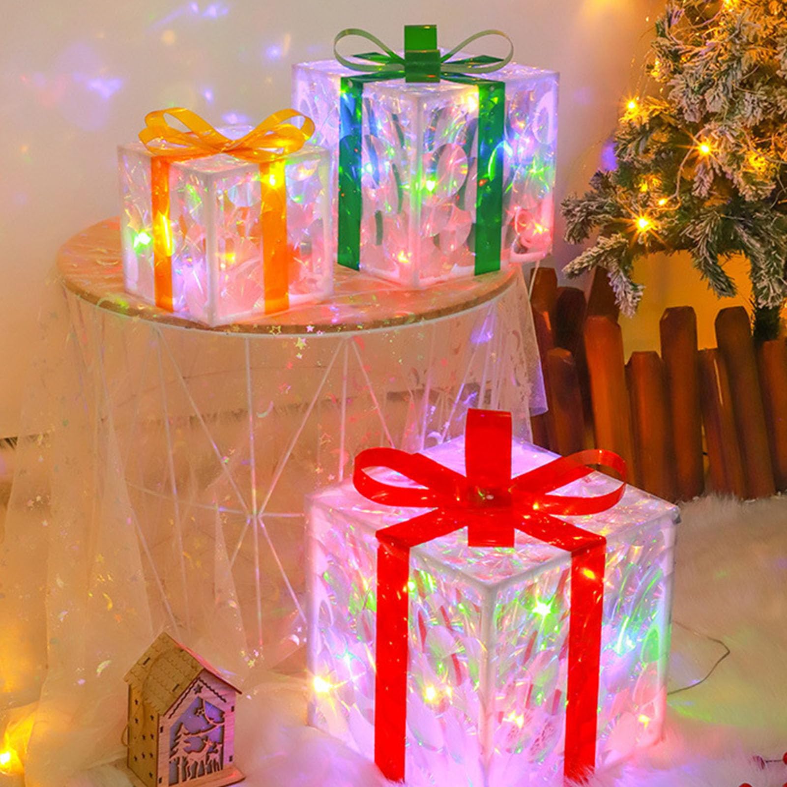 Scatole regalo natalizie illuminate da 3 pezzi, con cordino luminoso