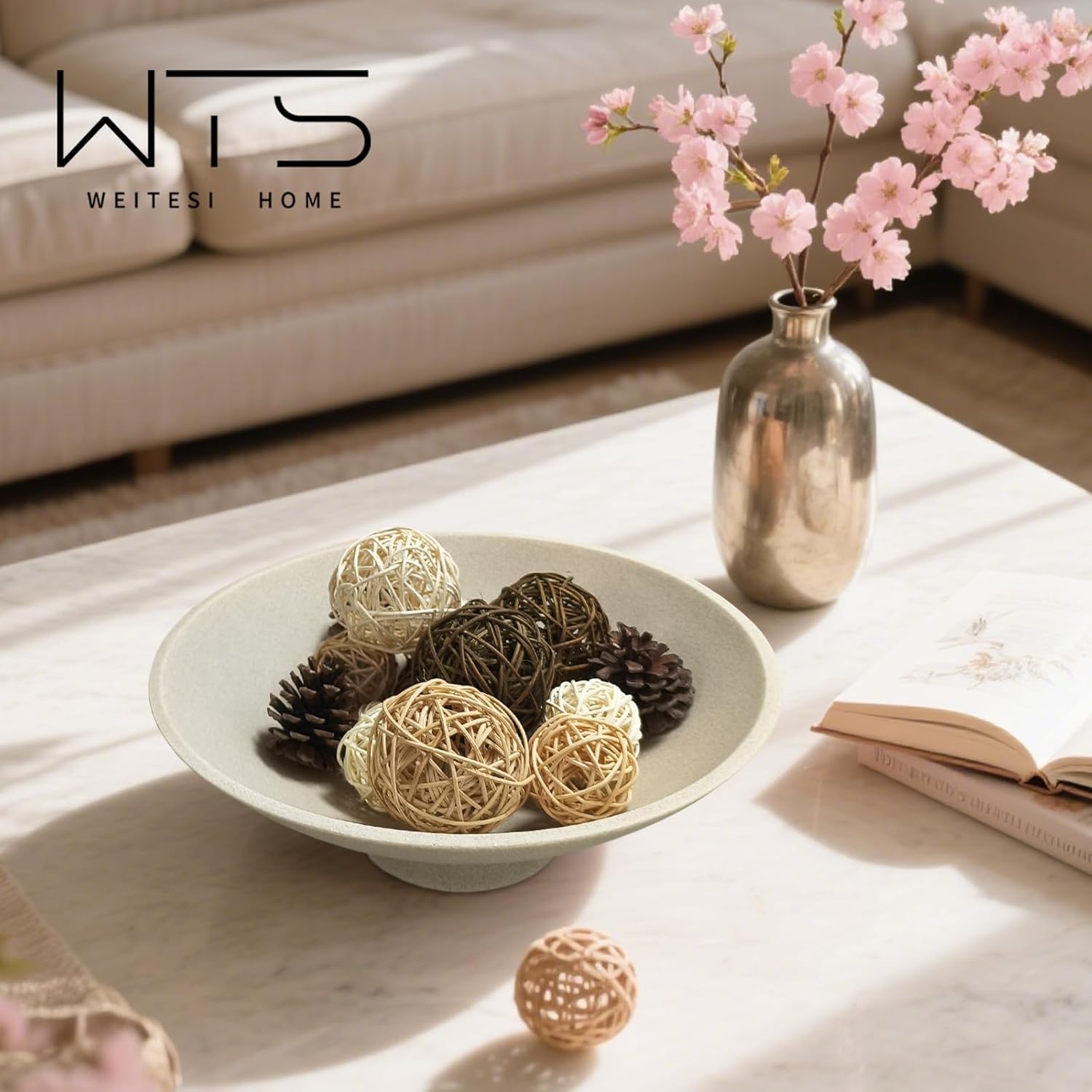 Large Decorative Fruit Bowl for Kitchen Counter, Modern Resin Pedestal Bowl for Home Decor, Stylish Key Bowl for Entryway Table, Decorative Bowl for Coffee Table Decor, Artificial Stone Beige - Image 6