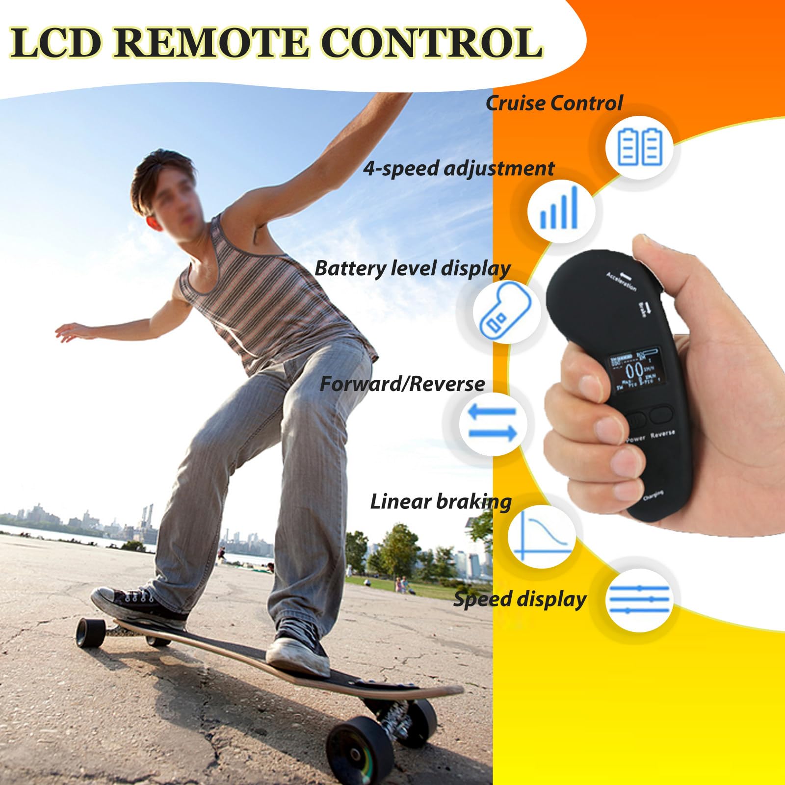 Longboard électrique pour Adultes avec Télécommande, Longboard Urbain Complet, Vitesse Maximale de 25 km/h et Autonomie de 15 km, 4 Vitesses, Compatible avec Les Mountainboards C