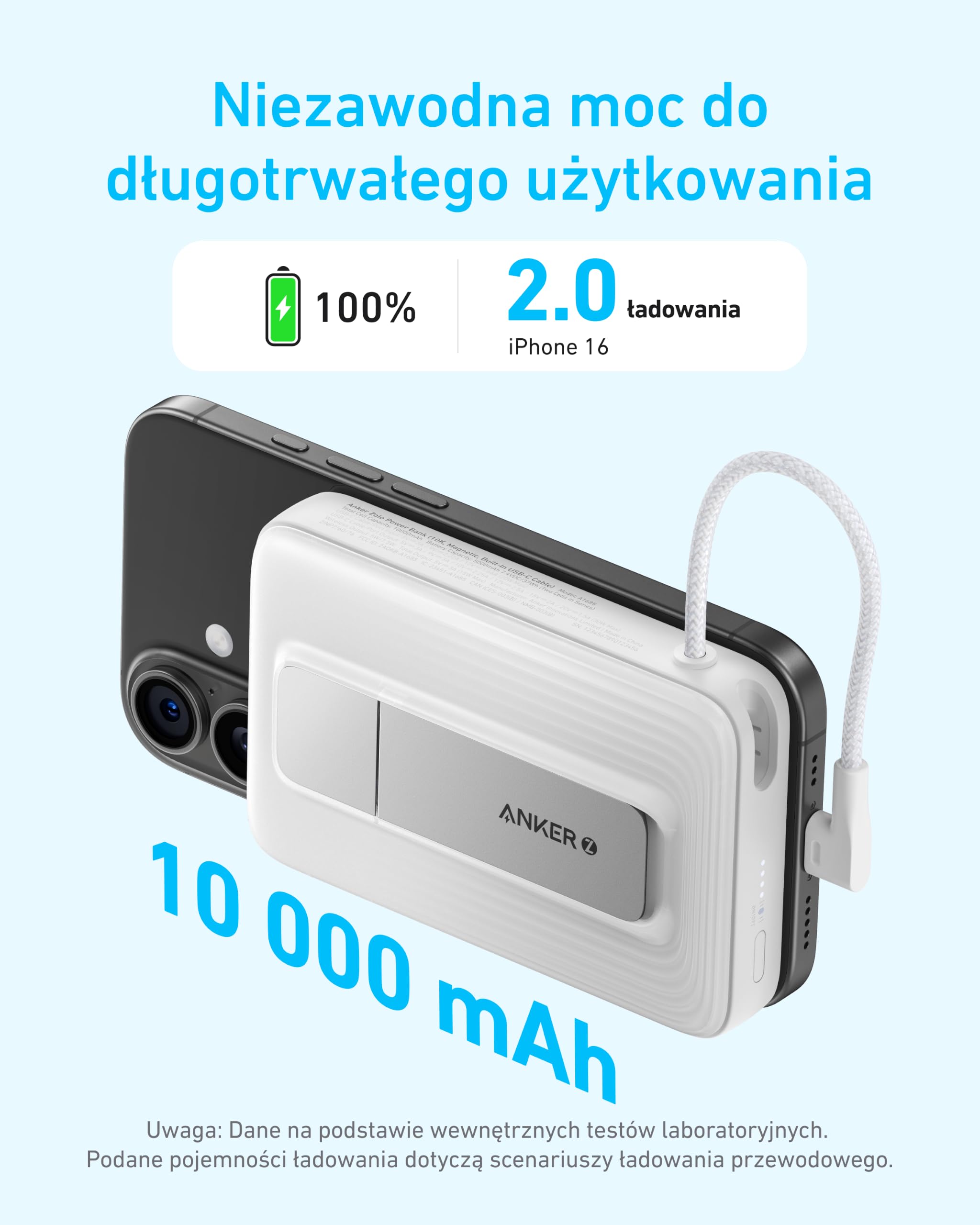 Anker Magsafe Power Bank 10000 mAh, przenośna ładowarka z szybkim ładowaniem 30 W Max, z wbudowanym kablem USB C i regulowanym uchwytem do iPhone 17/16/15 Series, AirPods i innych | Wbudowany kabel USB-C pod kątem prostym, regulowana podstawka, kompaktowa