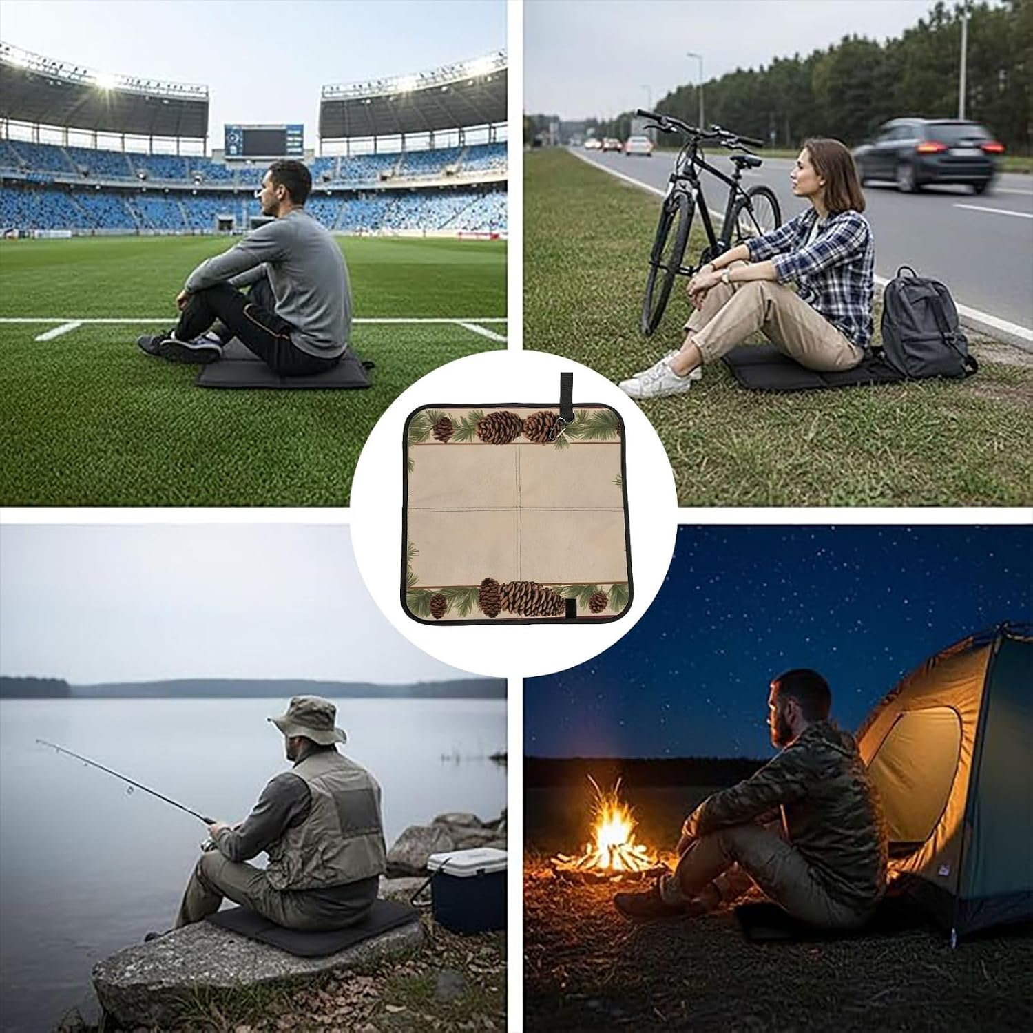 (Pine Cone Border) Sitting Pad Foldable Seat Cushion Lightweight Camping Seat Mat with Hook for Outdoor Hiking Picnic Camping
