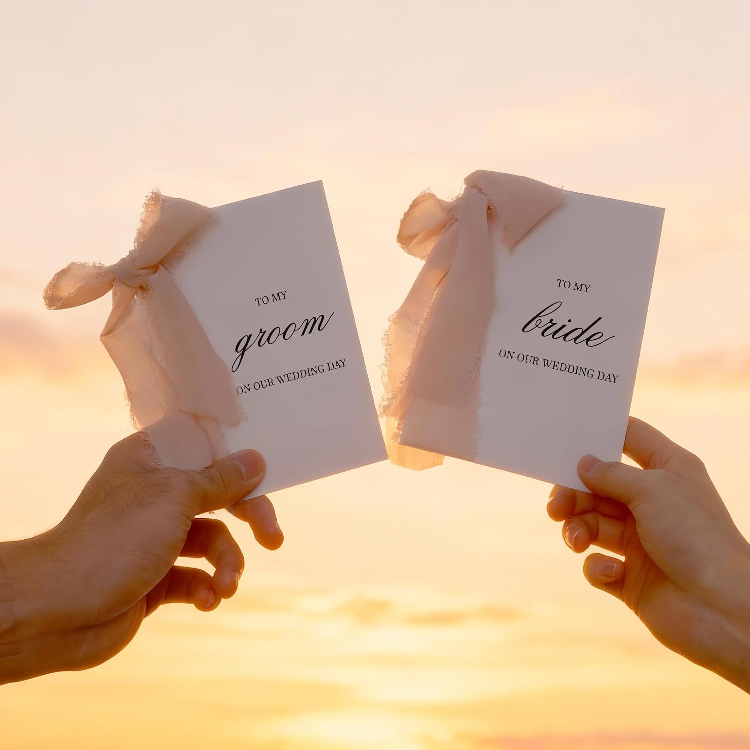 Set of 2 Wedding Day Cards for Bride and Groom with Champagne Ribbons, To Bride or Groom Love Note Cards Perfect Wedding Day Gift for Couples