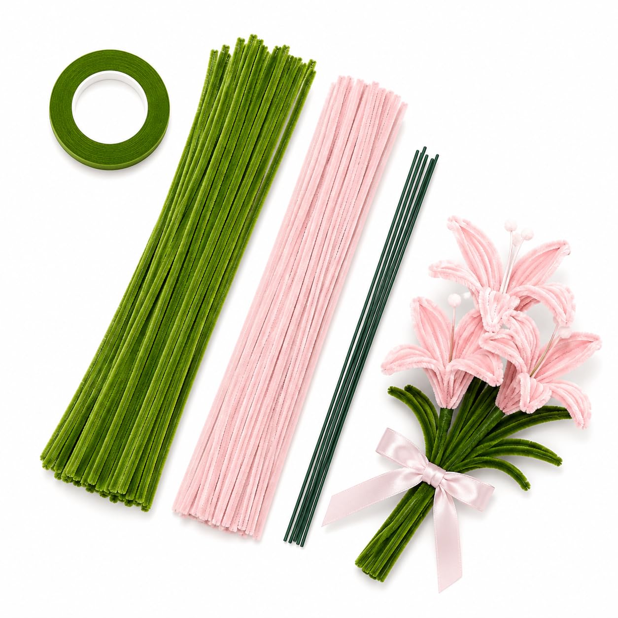 DIY Pipe Cleaner Flower Making Kit – 100 Green Pipe Cleaners, 100 Pink Pipe Cleaners, Floral Tape & Flower Stem Wires | Chenille Stems for Kids Crafts, DIY Bouquet, Handmade Gifts, School Projects & Home Decoration-picture-18