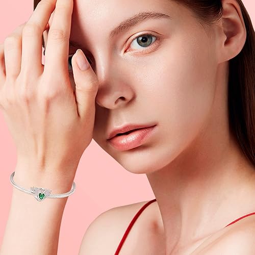 Miniatura 5 de NINGAN Dijes de piedra natal para pulsera, alas de ángel de plata de ley 925, dije de corazón de amor, regalo de joyería de cumpleaños y Navidad