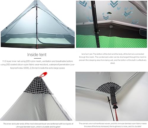 Miniatura 2 de 3FULGEAR Lanshan1 Pro - Tienda de campaña ultraligera para 1 persona, 34 estaciones, profesional de nailon 20D de doble cara, tienda de campaña de