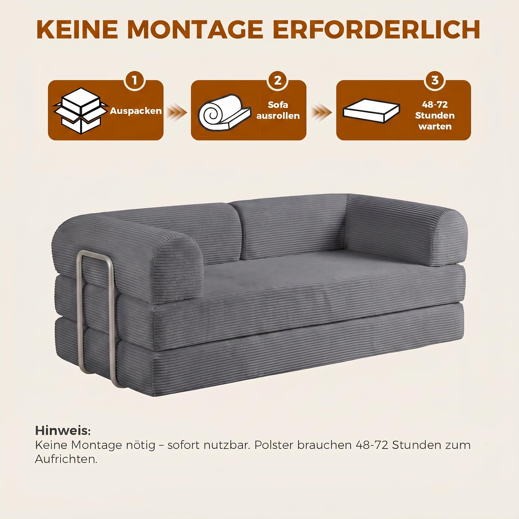 GRAVFORCE Schlafsofa – faltbares Bodensofa Bed mit Metallrahmen - Schlafsofa Klappbar 158cm breit - Compressed Sofa ohne Beine modulares Sofa Cord für Wohnzimmer Schlafzimmer Grau