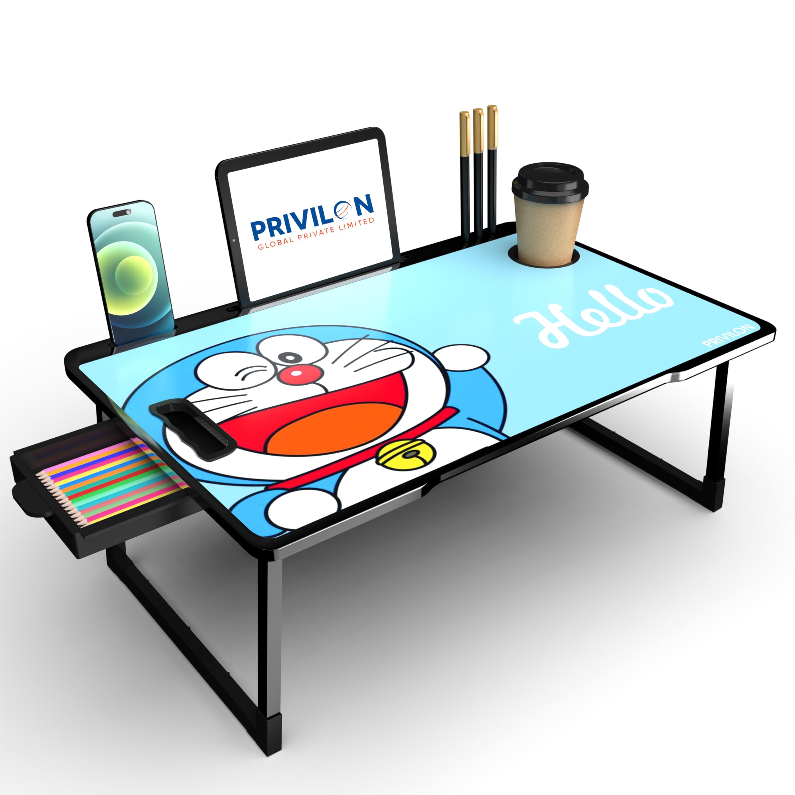 PRIVILON Global Private Limited Foldable Wooden Mini Laptop Table for Bed, Study Table with Drawer, Tablet/Mobile Holder for Kids & Adults-> (DORAMON COTTED), 59x10 cm