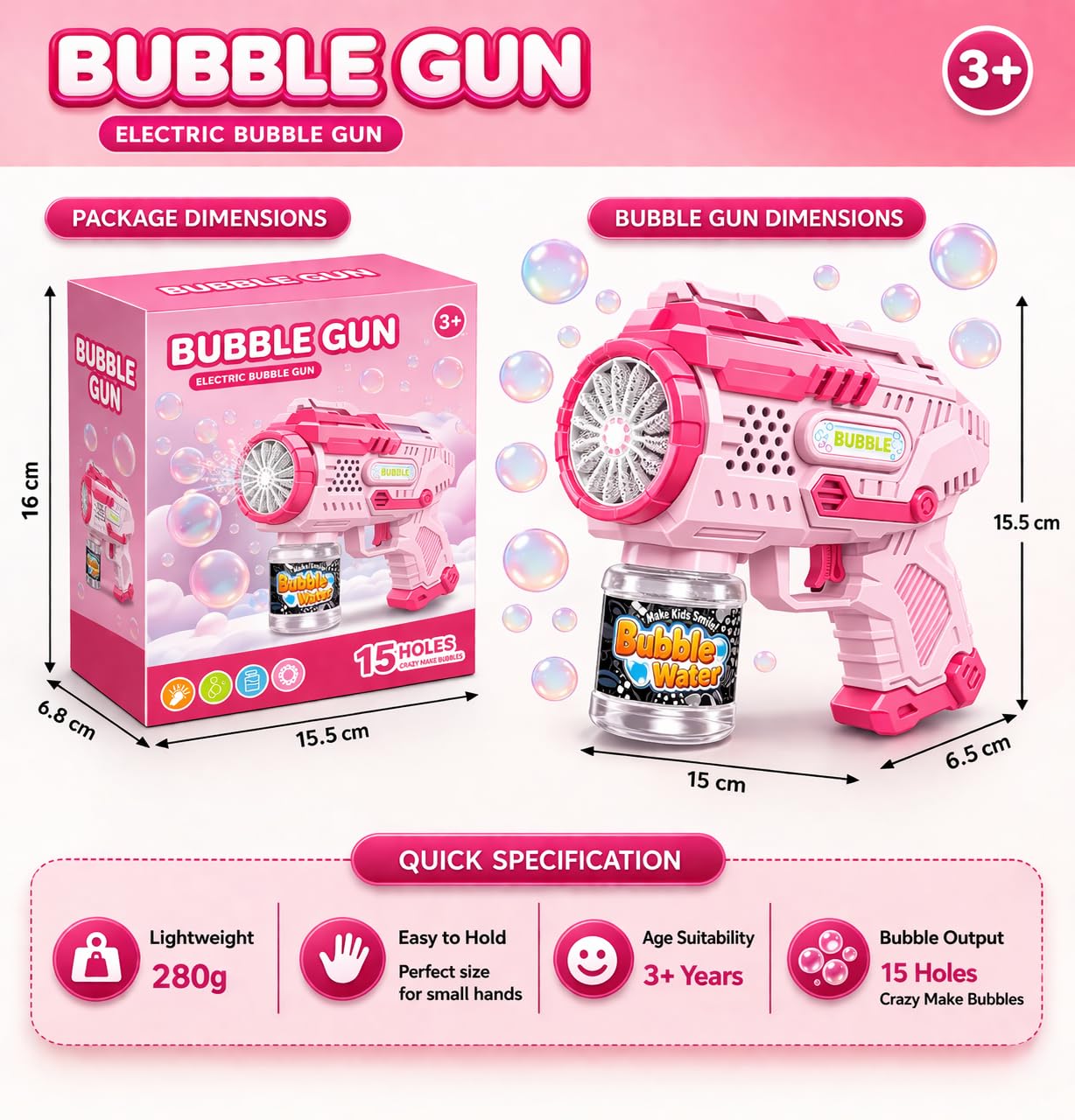 Electric Bubble Gun for Kids - Pink LED Light Toy -9