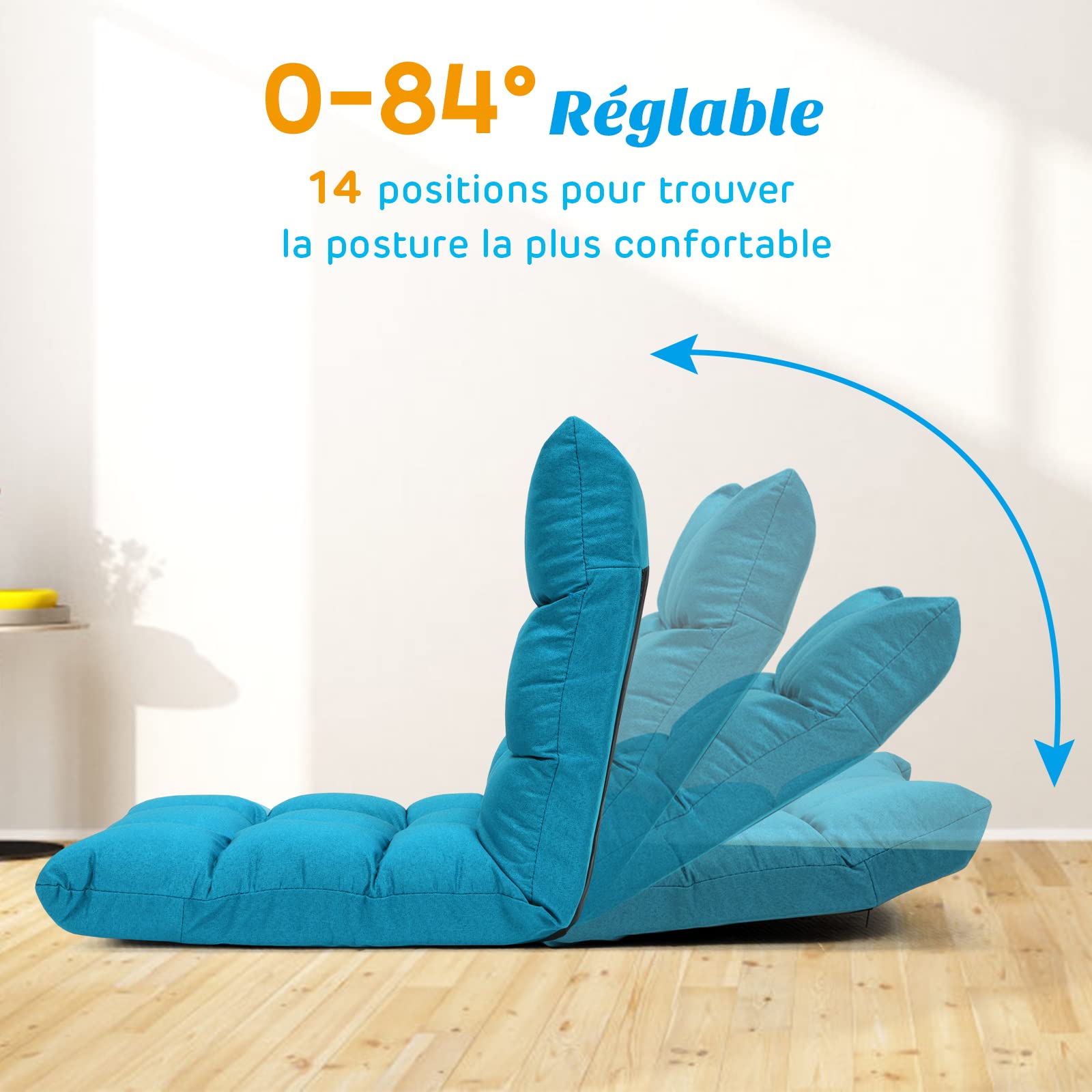 COSTWAY Chaise de Sol pour Méditation - 14 Positions Réglable Cadre en Acier Robuste Tissu en Coton et Lin Respirant,Housse Amovible et Lavable Idéal pour Salon et Salle d'étude (Bleu Poan)